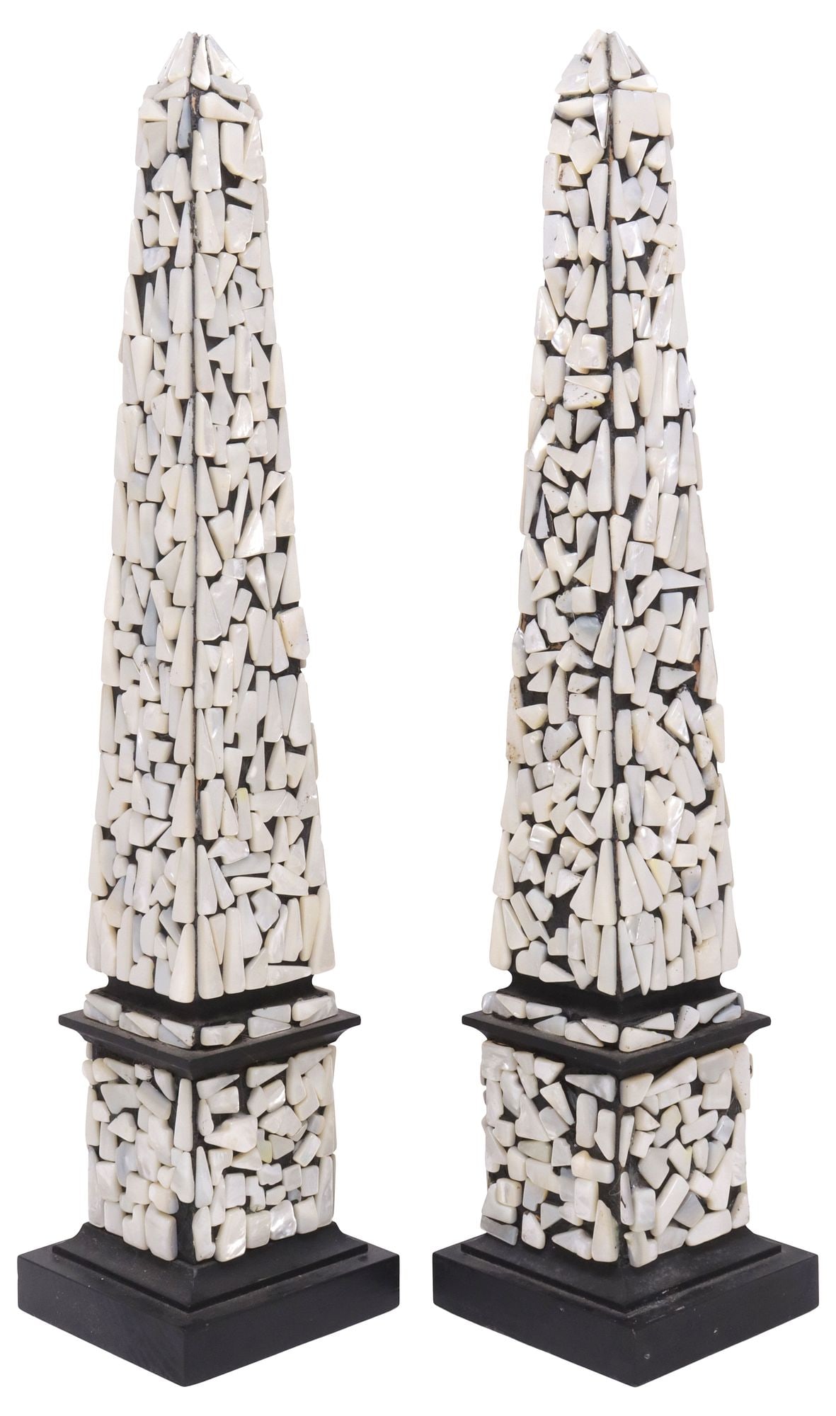 (2) MOTHER-OF-PEARL SHELL ENCRUSTED WOOD OBELISKS, 20.5"H (1 of 5)