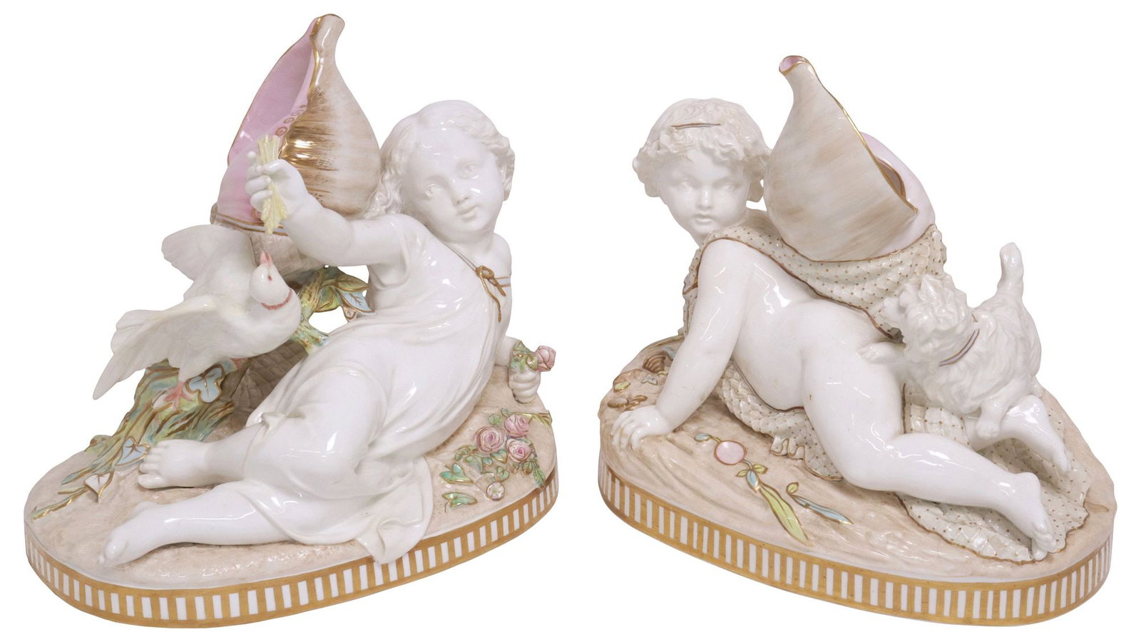 (2) LARGE ENGLISH PORCELAIN FIGURES, CHILDREN & NAUTILUS SHELLS: (lot of 2) Large English parcel-gilt porcelain figural groups, in the each depicting a reclining child with nautilus shell, resting atop naturalistic platform with fluted trim, unmarked, (one) young g