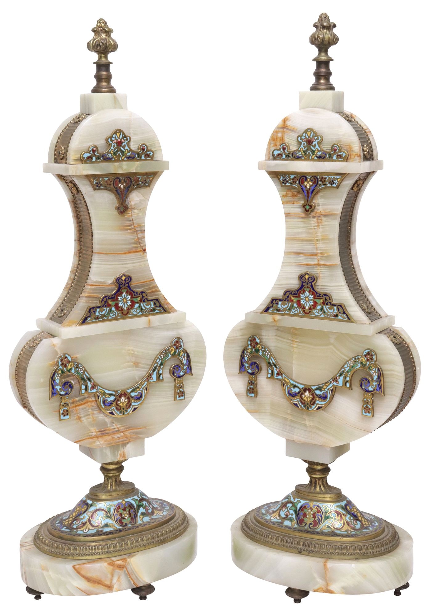 (2) FRENCH ONYX & CHAMPLEVE ENAMEL VASIFORM MANTEL GARNITURES (1 of 5)
