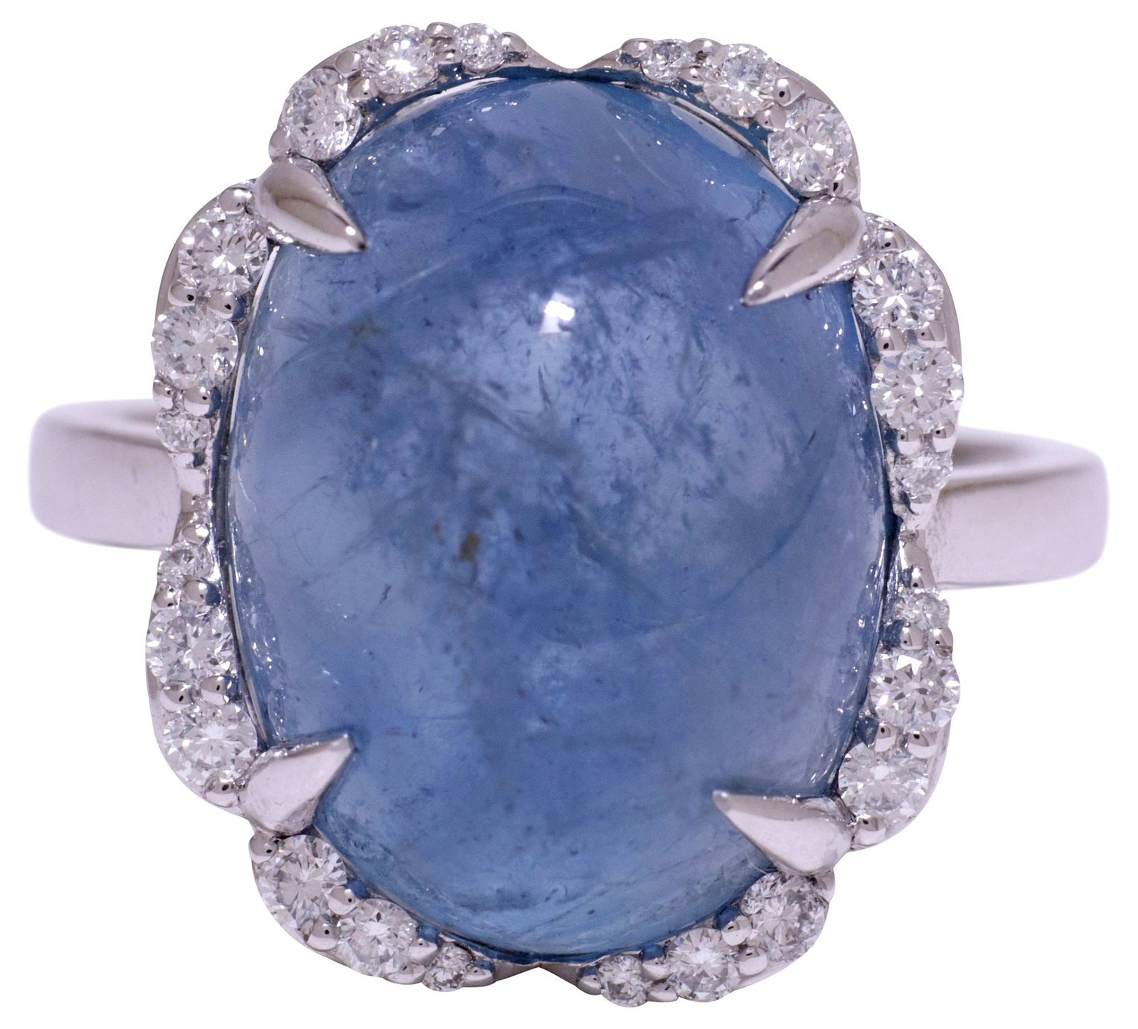 ESTATE OSCAR FRIEDMAN PLAT, 9.67CT AQUAMARINE CABOCHON & DIAMOND RING: Estate designer platinum and gemstone ring, Oscar Friedman, oval aquamarine cabochon, approx 9.67cts, framed by (twenty-four) small round diamonds, approx 0.31cttw, average color: H-I, average