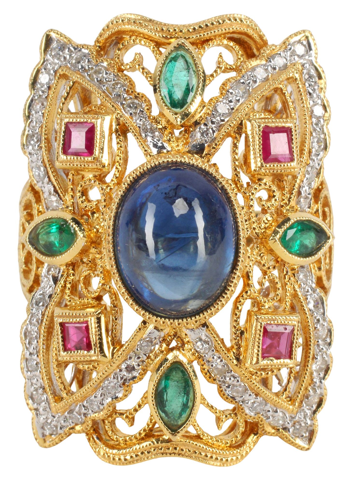 ESTATE 18KT GOLD 3.00CT SAPPHIRE, EMERALD, RUBY & DIAMOND RING: Estate 18kt yellow gold ring, cabochon sapphire, approx 3.01ct, four square cut rubies, approx 0.28cttw, four marquise emeralds, approx 0.34cttw, forty-four diamonds, approx 0.75cttw, average color: H