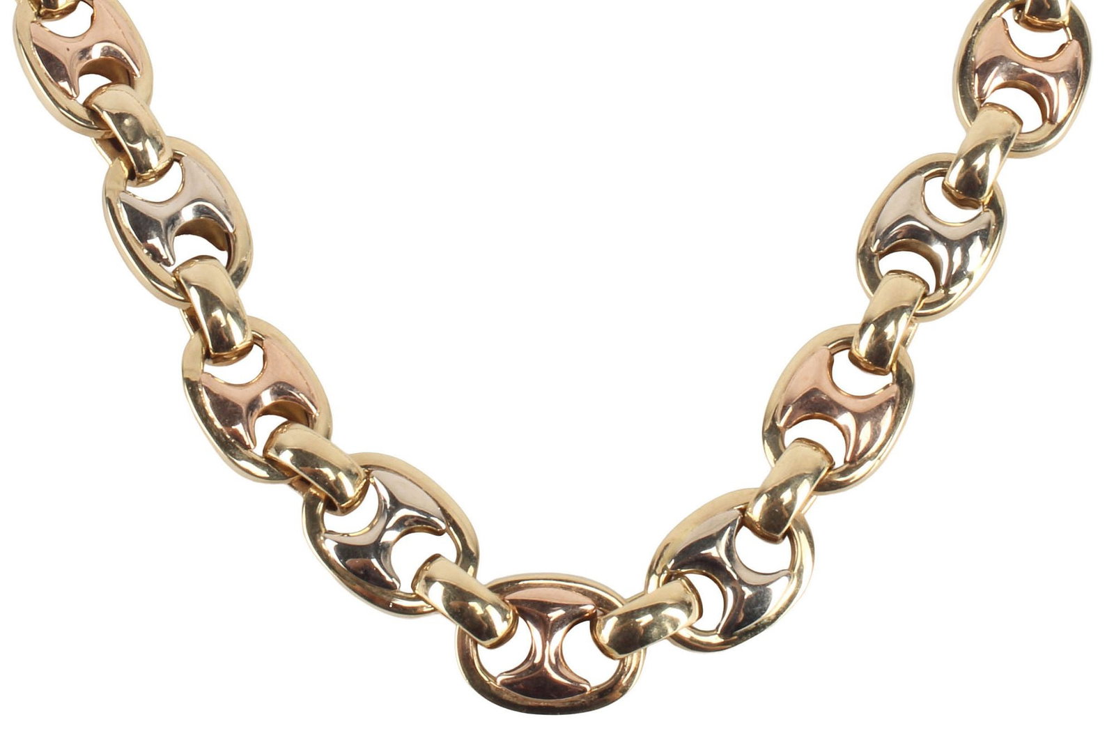 ESTATE ITALIAN 14KT TRI-COLOR GOLD HOLLOW NECKLACE / CHAIN, 20.4 GRAMS: Estate Italian 14kt tri-color gold hollow- link necklace, alternating yellow, white, and rose gold open oval links joined by oval rings, completed with a lobster clasp, one ring bearing Italian hallma