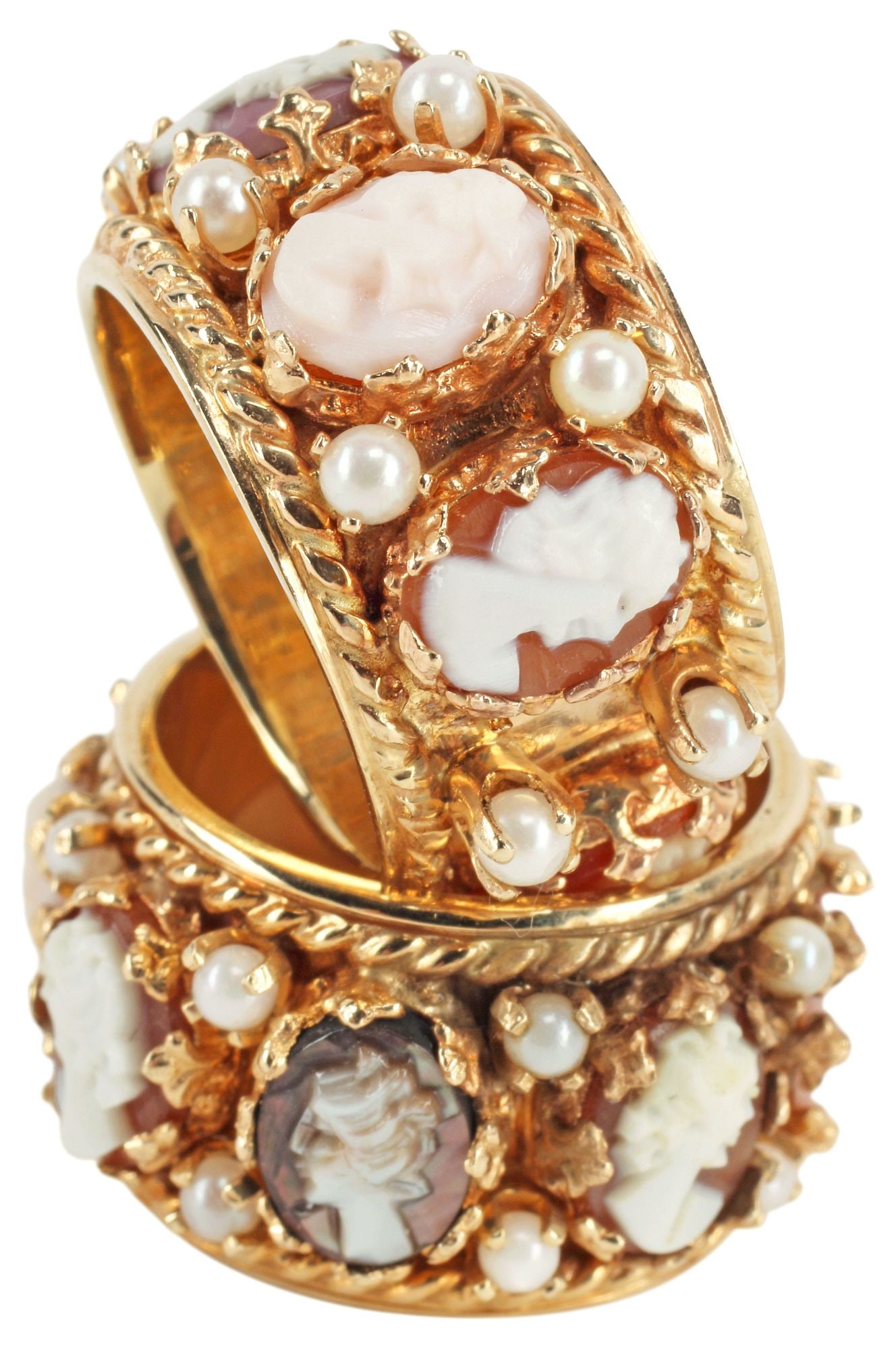 (2) ESTATE 14KT YELLOW GOLD & MULTI-CAMEO WIDE BAND RINGS: (lot of 2) Estate rings, each executed in 14kt yellow gold, having twisted trim, over a wide band set with oval cameos, varied hues, in shell and mother-of-pearl, marked 14K with indistinct maker's ma