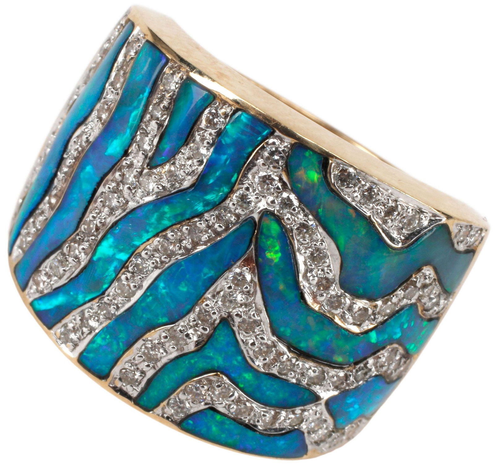 ESTATE 14KT YELLOW GOLD, OPAL & DIAMOND STATEMENT RING, 14 GRAMS: Estate 14kt yellow gold and gemstone statement ring, wide tapered band in an abstract design, inlaid throughout with irregular sections of opal, and pave-set round-cut diamonds, approx 0.45cttw, avera