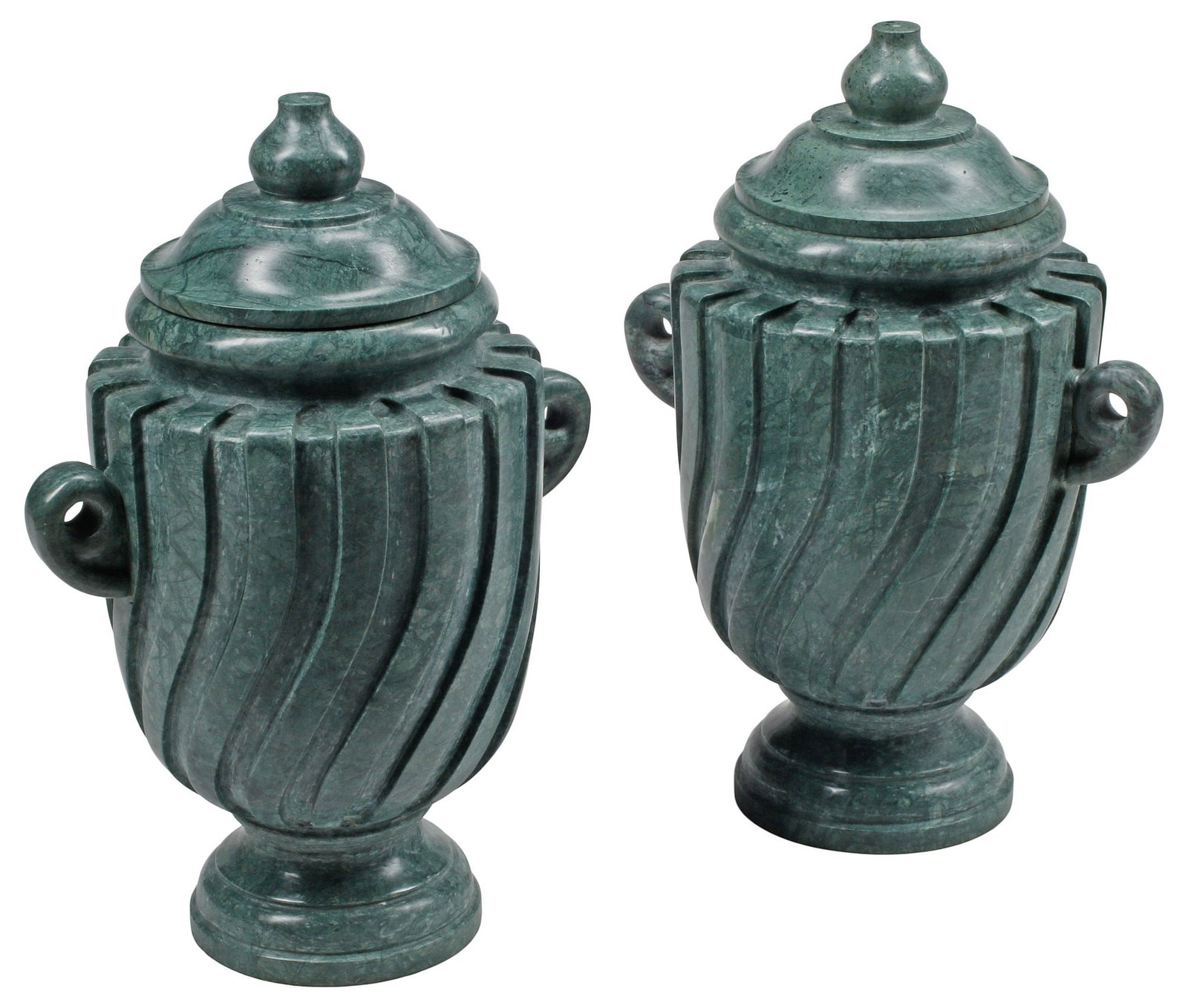 (2) ITALIANATE CARVED GREEN MARBLE FLUTED URNS WITH COVERS: (pair) Italianate carved green marble urns with covers, each having fluted body with dual looped handles, on circular socle, approx 25"h, 16"w, 12.5"d, 260lbs total