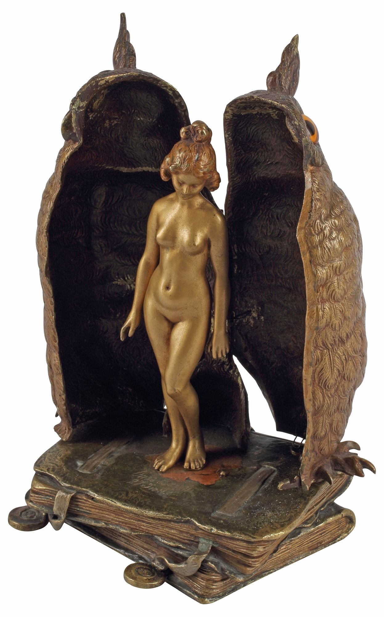FRANZ BERGMAN (1861-1936) METAMORPHIC BRONZE SCULPTURE, OWL & FEMALE NUDE: Cold-painted bronze metamorphic sculpture, Owl Enclosing Figure, signed in cast Nam Greb (Franz Xaver Bergman, Austrian, 1861-1936), modeled as an owl with inset eyes standing atop stacked books, open