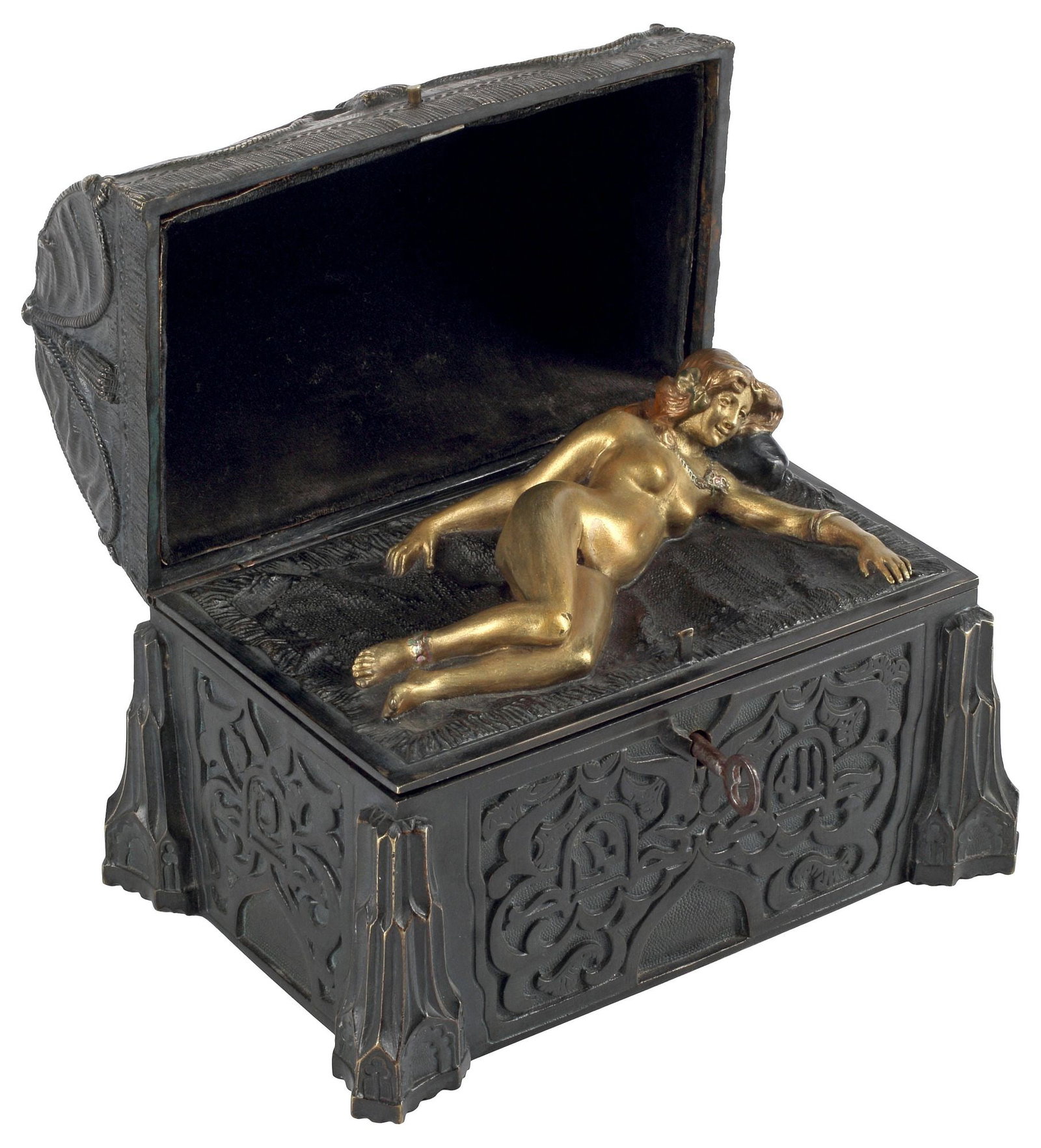 AUSTRIAN PATINATED & GILT BRONZE TABLE BOX WITH HIDDEN FEMALE NUDE (1 of 5)