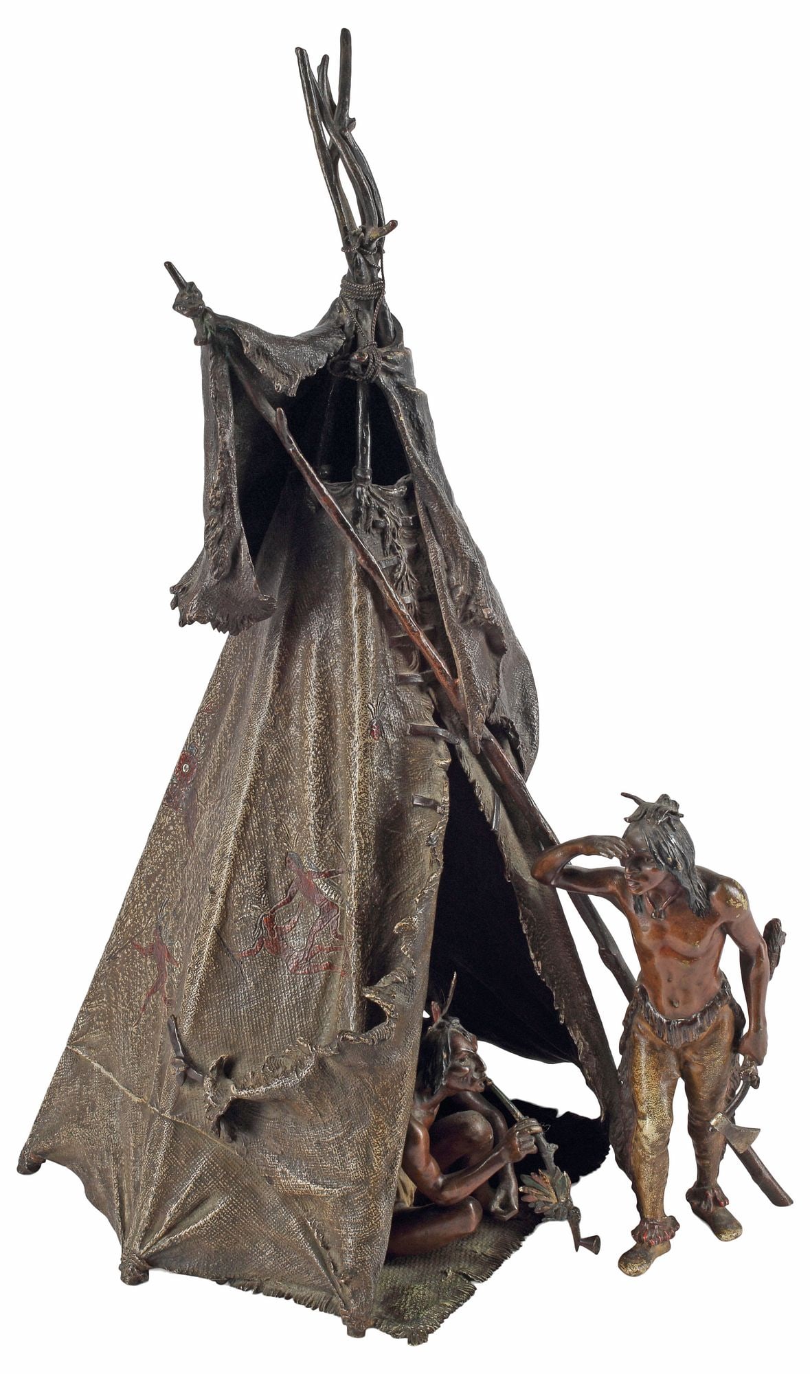 AUSTRIAN BRONZE NATIVE AMERICANS & TEEPEE SCULPTURE, BERGMAN FOUNDRY (1 of 7)