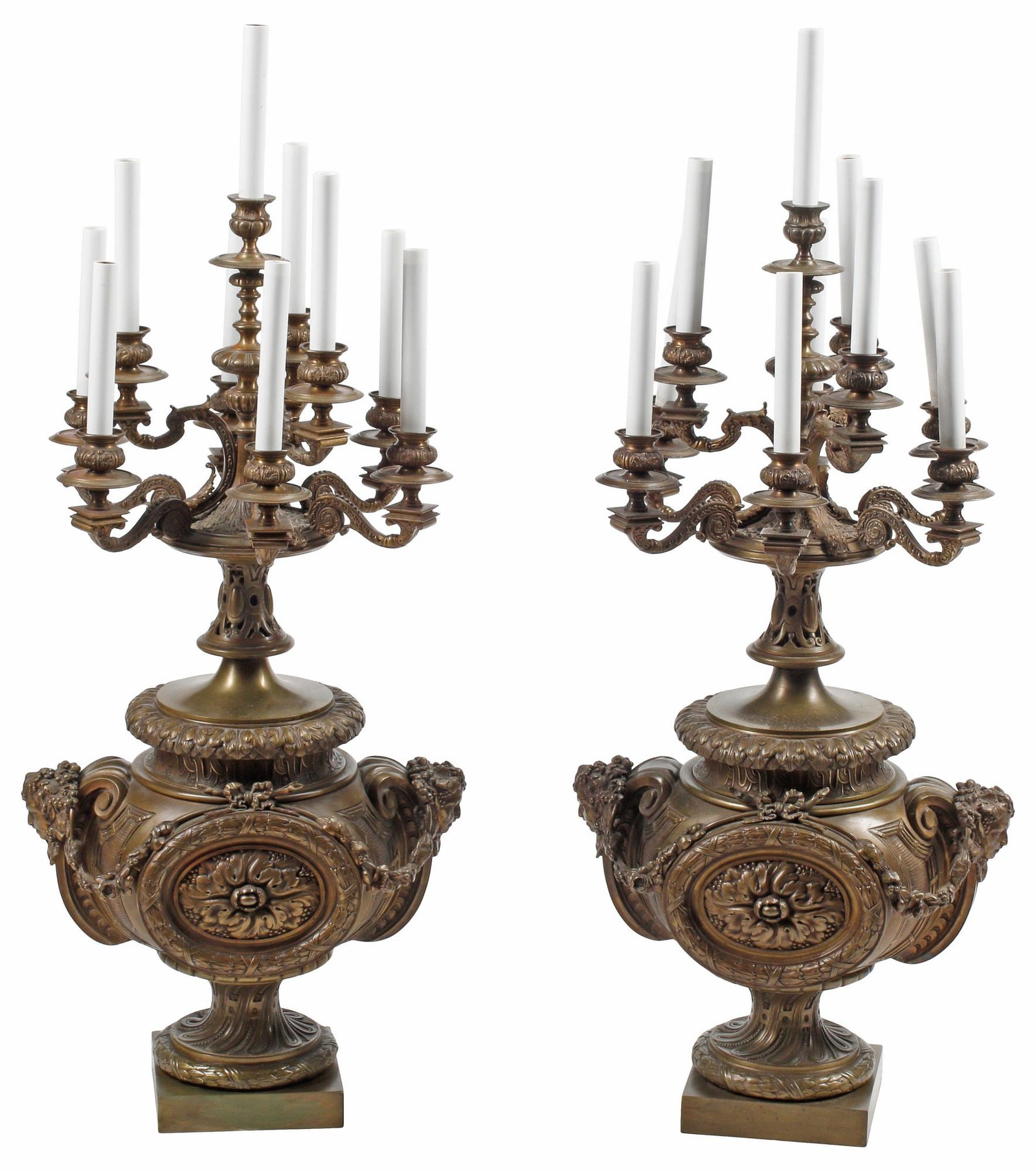 (2) LARGE NEOCLASSICAL STYLE PATINATED BRONZE 10-LIGHT CANDELABRA, 40"H (1 of 5)