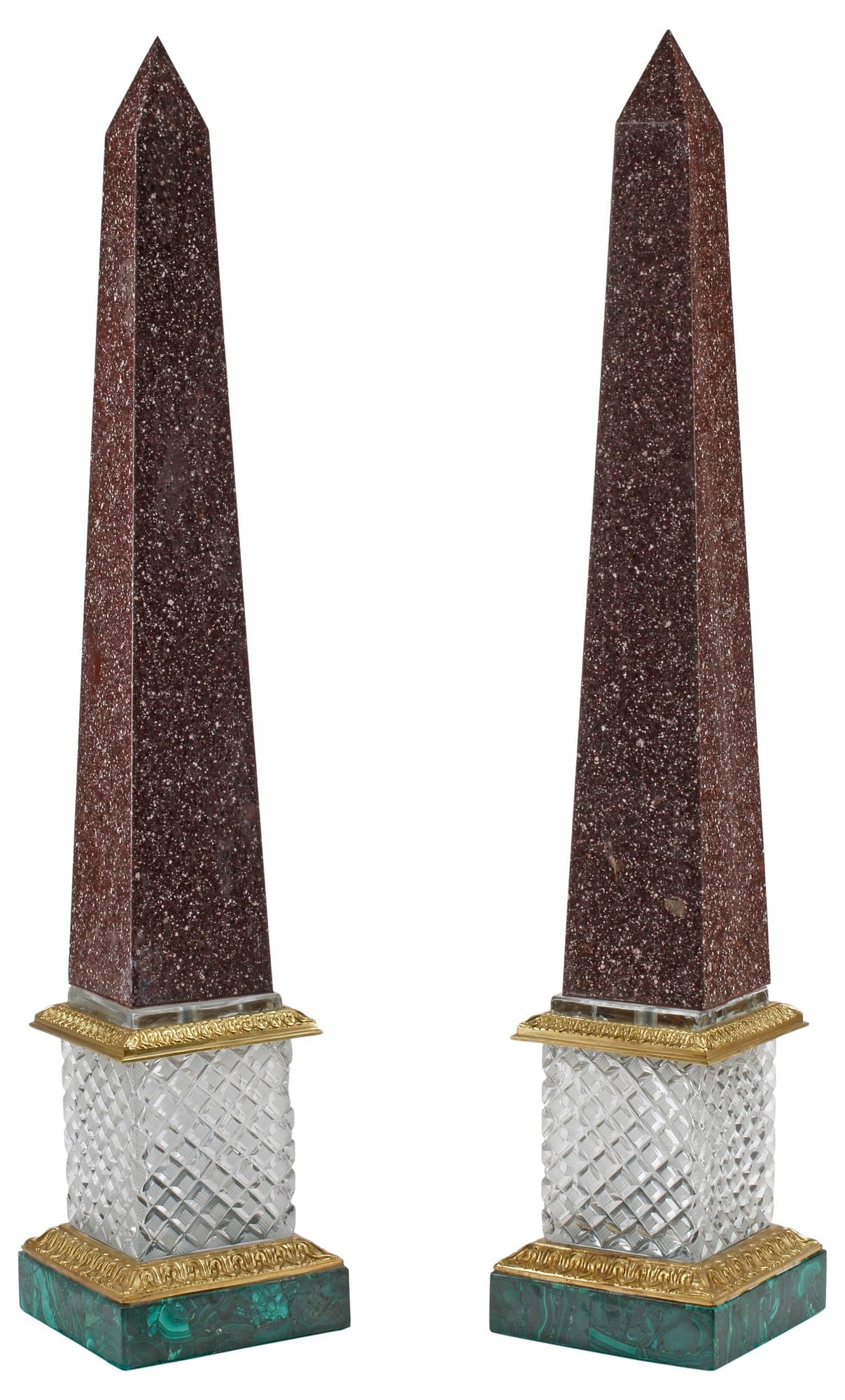 (2) GRAND TOUR STYLE GRANITE, CUT CRYSTAL & MALACHITE OBELISKS, 32.5"H (1 of 5)