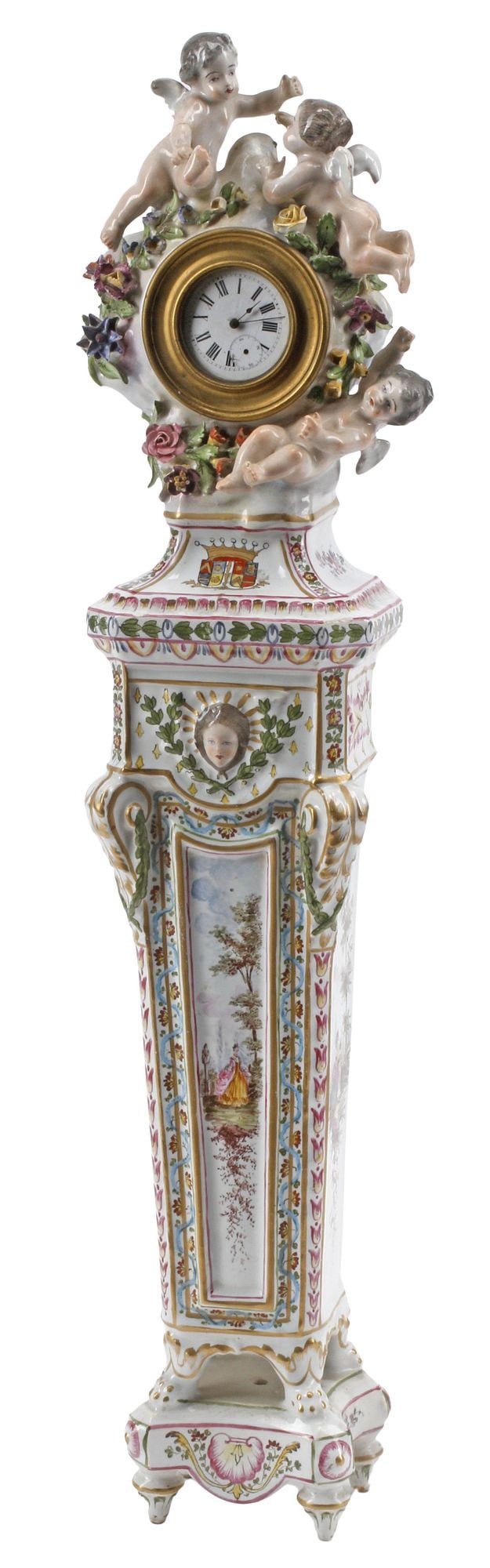MEISSEN-STYLE FIGURAL PARCEL-GILT PORCELAIN MINIATURE LONGCASE CLOCK (1 of 7)