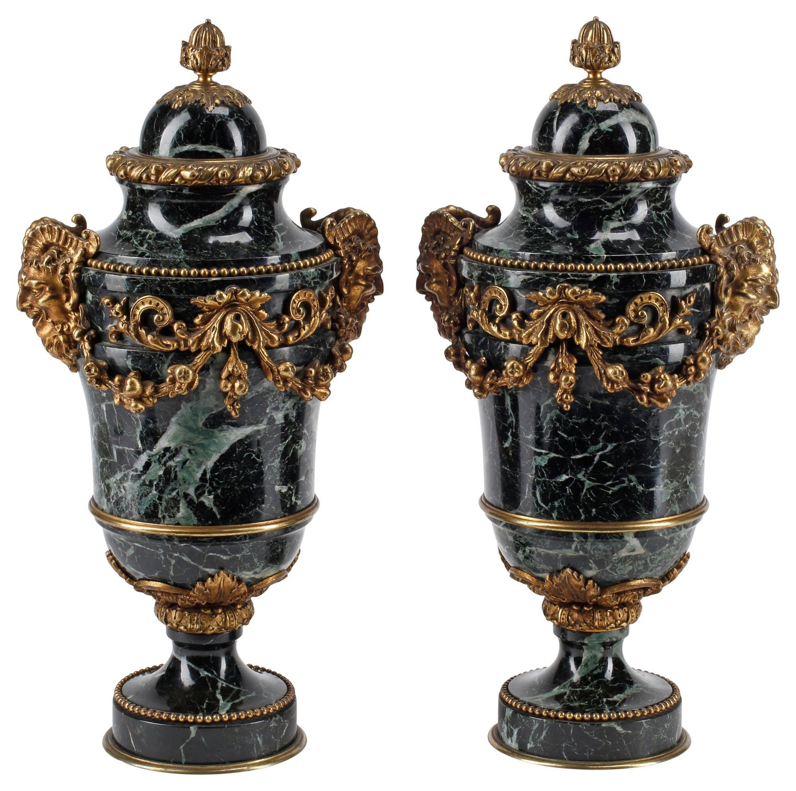 (2) FRENCH EMPIRE ORMOLU-MOUNTED GREEN MARBLE CASSOLETTES (1 of 5)