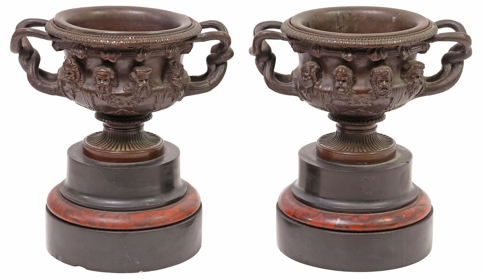(2) SUSSE FRERES PATINATED BRONZE 'WARWICK' VASES AFTER THE ANTIQUE, 19TH C.: (pair) French Grand Tour patinated bronze urns, after the antique Roman "Warwick" vase, "Susse Freres" foundry mark at base, with dual intertwining branch-form handles, exterior en