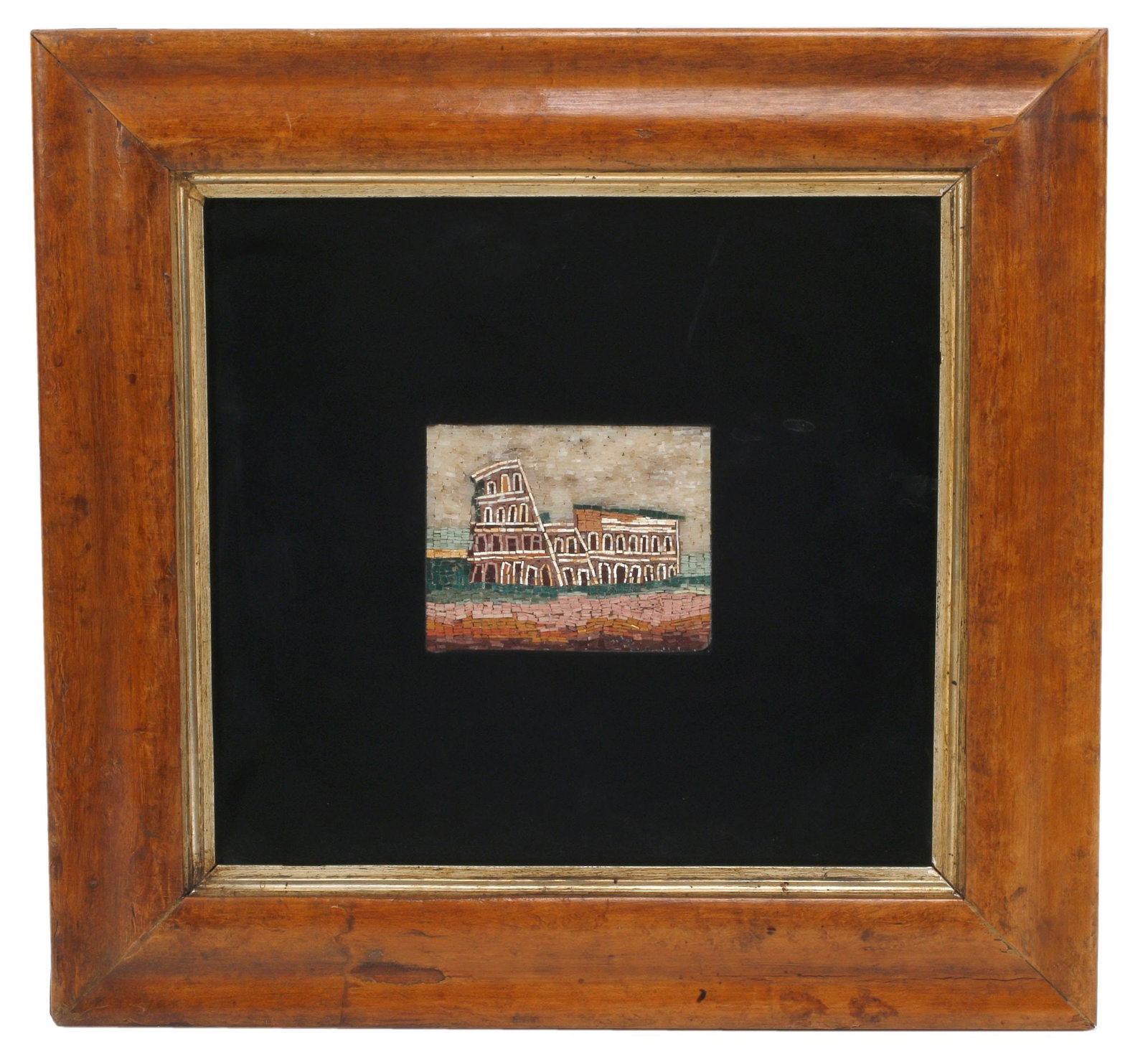 FRAMED ITALIAN MICROMOSAIC PLAQUE, THE ROMAN COLOSSEUM: Framed Italian micromosaic plaque, depicting the Colosseum, sight: approx 11.75"h, 12.75"w, overall: approx 17.75"h, 18.75"w, 10.5lbs