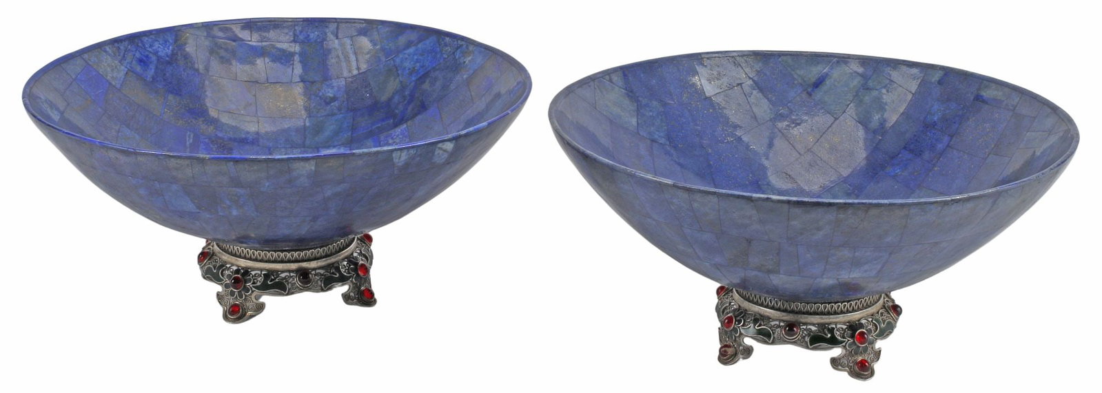 (2) LAPIS LAZULI TILED CENTERPIECE BOWLS ON JEWELED FILIGREE STANDS: (pair) Large lapis lazuli tiled centerpiece bowls, each rising on integral jeweled filigree base, overall: approx 5.5"h, 12"diam, 10.5lbs total