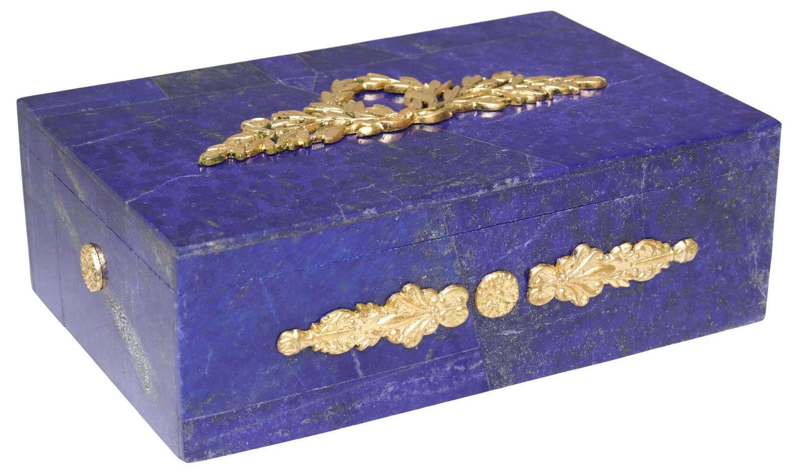 EMPIRE STYLE ORMULU-MOUNTED LAPIS LAZULI TABLE BOX: Empire style table box, 20th c., of rectangular form, the exterior tiled with lapis lazuli, mounted with gilt-bronze laurel wreath, floral roundels, foliate pendants, white stone-lined interior,