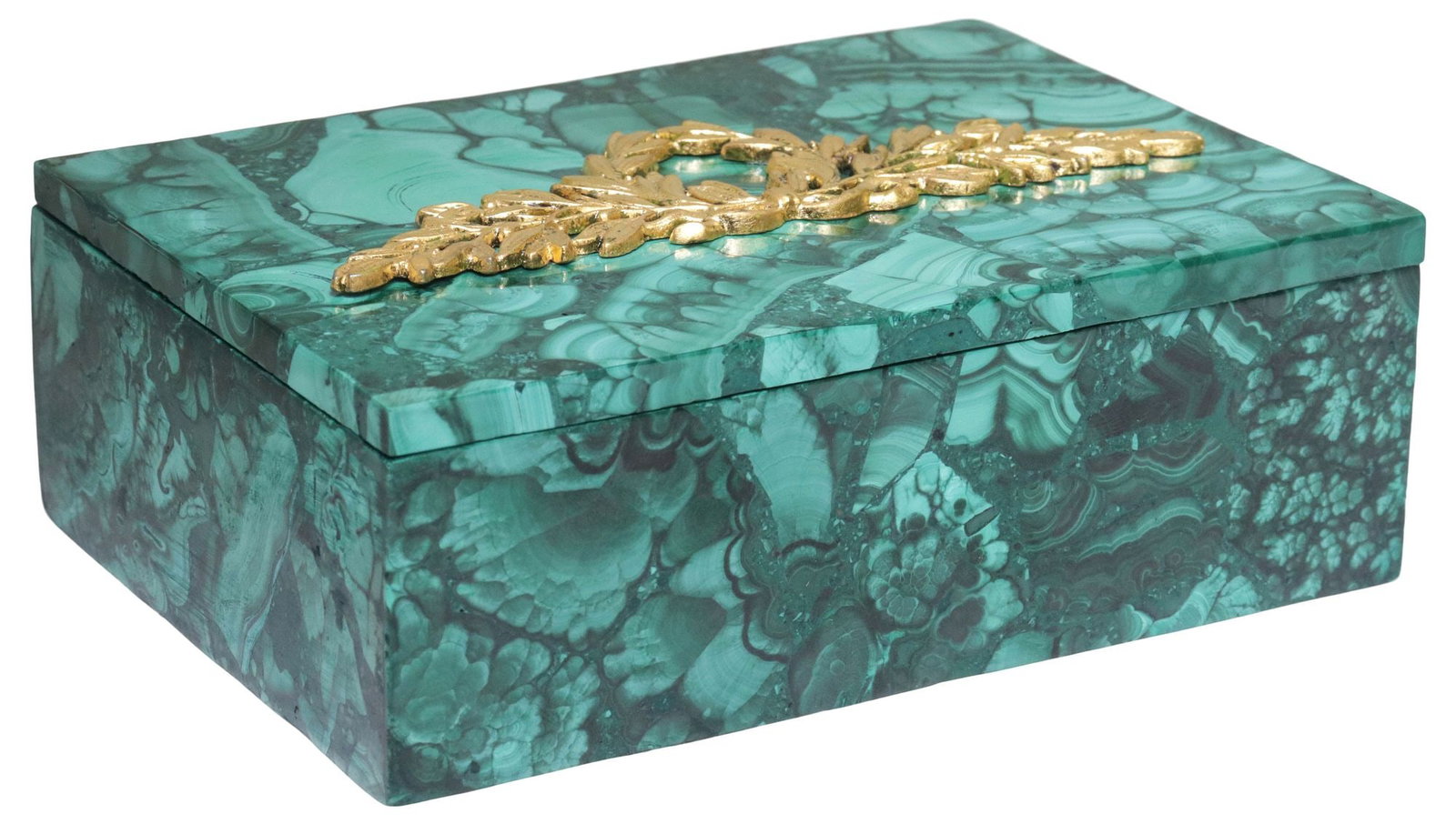 EMPIRE STYLE ORMOLU-MOUNTED MALACHITE TABLE BOX: Empire style table box, 20th c., of rectangular form, the exterior tiled with malachite, cover mounted with gilt-bronze laurel wreath, lined interior base, approx 1.75"h, 5"w, 3.5"d, 1.5lbs