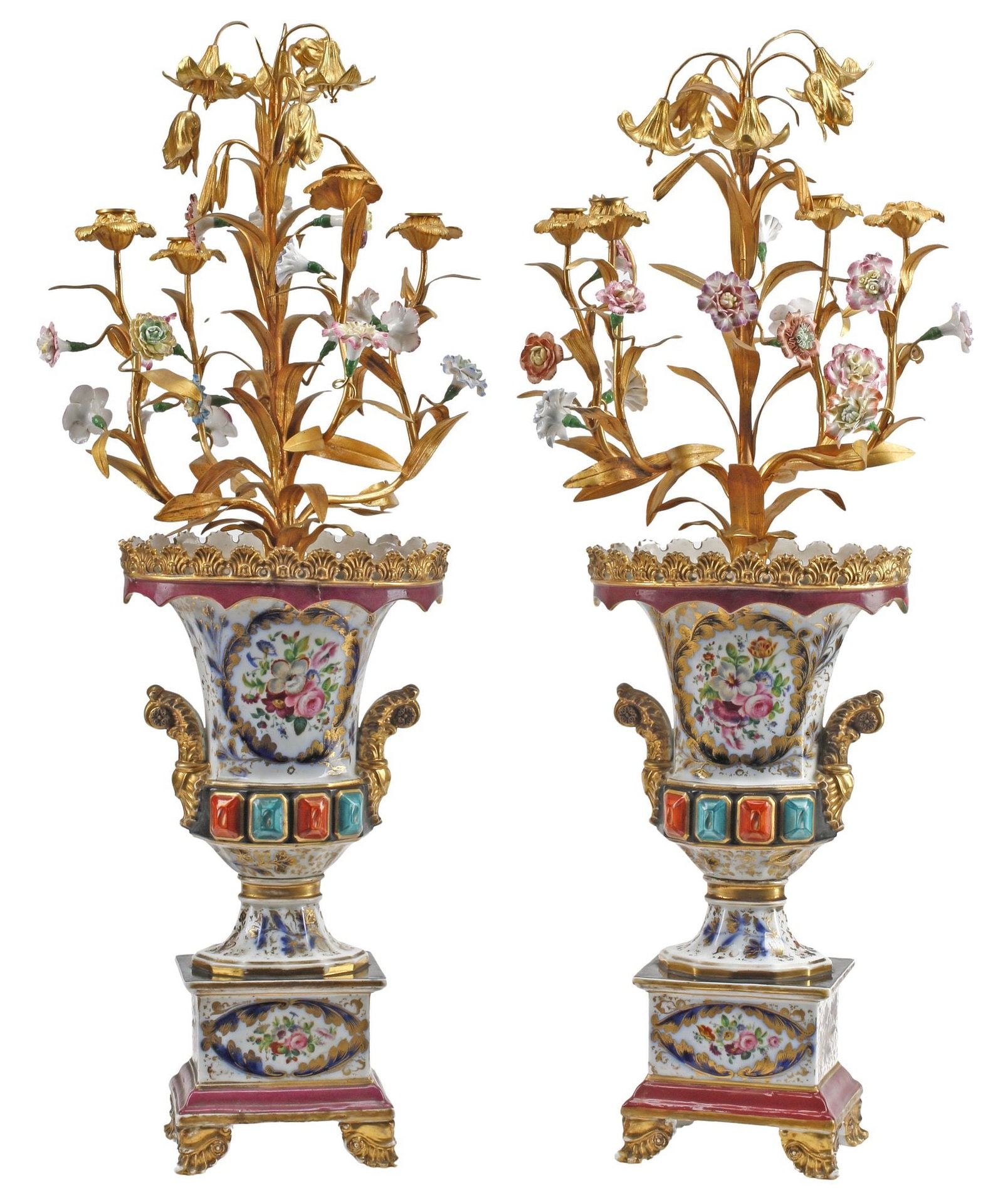 (2) FRENCH OLD PARIS STYLE ORMOLU-MOUNTED PORCELAIN 4-LT CANDELABRA, 35"H: (pair) French Old Paris style porcelain four-light candelabra, 19th c., each with bronze dore mounts, vasiform standard issuing scrolled foliate arms, with porcelain flowers and floriform bobeches,
