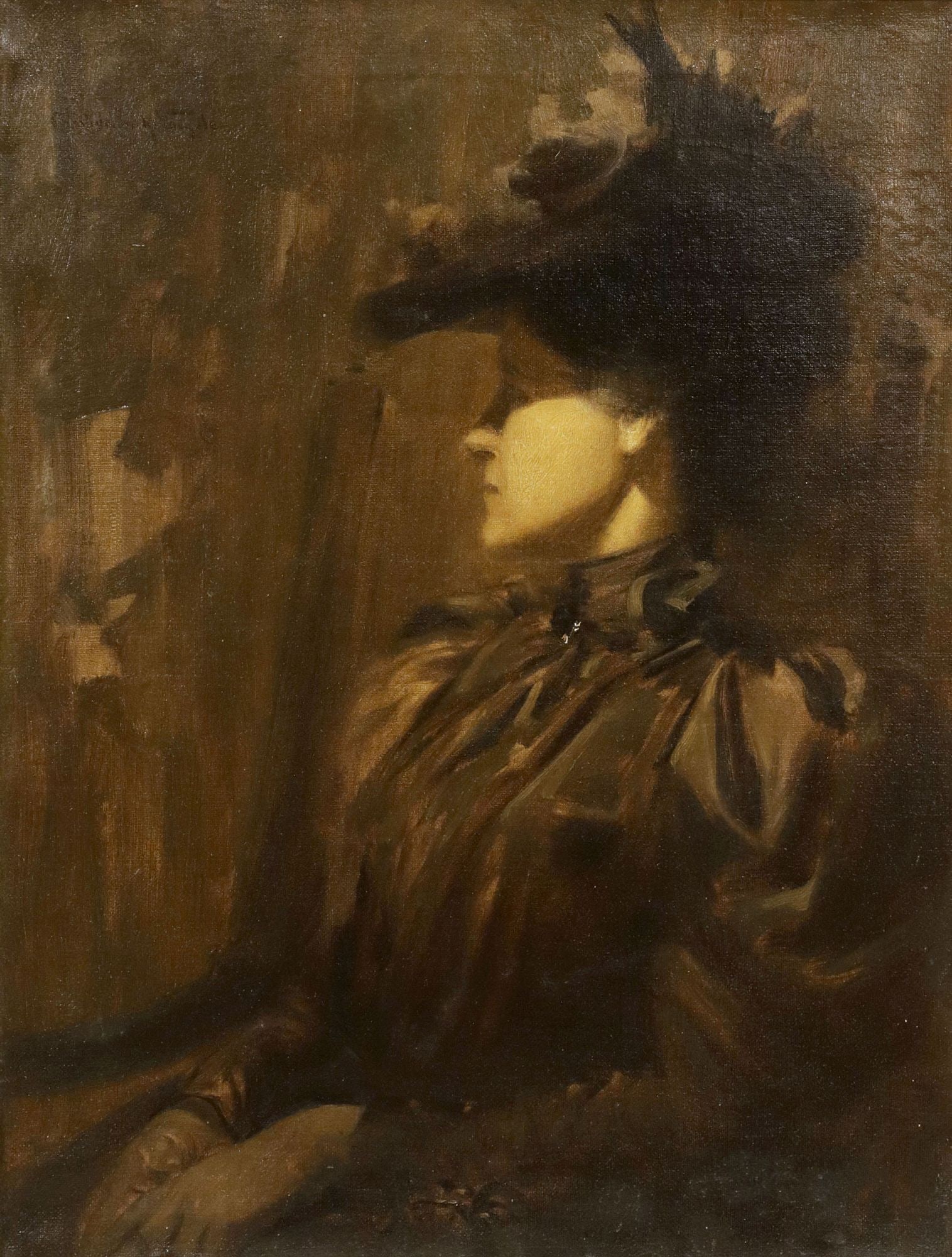 CHARLES FREDERICK NAEGELE (AMERICAN, D.1944) PAINTING, FEMALE PORTRAIT: Framed oil on canvas painting, Portrait of a Lady, signed upper left Charles Frederick Naegele (American, 1857-1944), retaining gilt-metal plaque with artist's attribution on back stretcher, sight