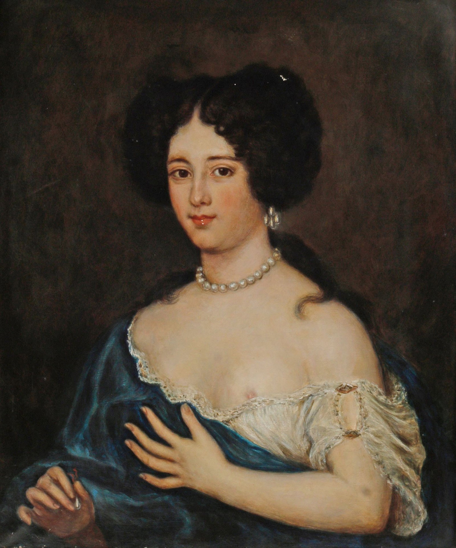 PIERRE MIGNARD (ATTRIB.) OIL PAINTING, PORTRAIT OF MARIE MANCINI: Framed oil on canvas painting, Portrait of Maria Mancini, attributed to Pierre Mignard (French, 1612-1695), possibly after a work by Jacob Ferdinand Voet (Belgian/ French, 1639-1689), sight: approx 30