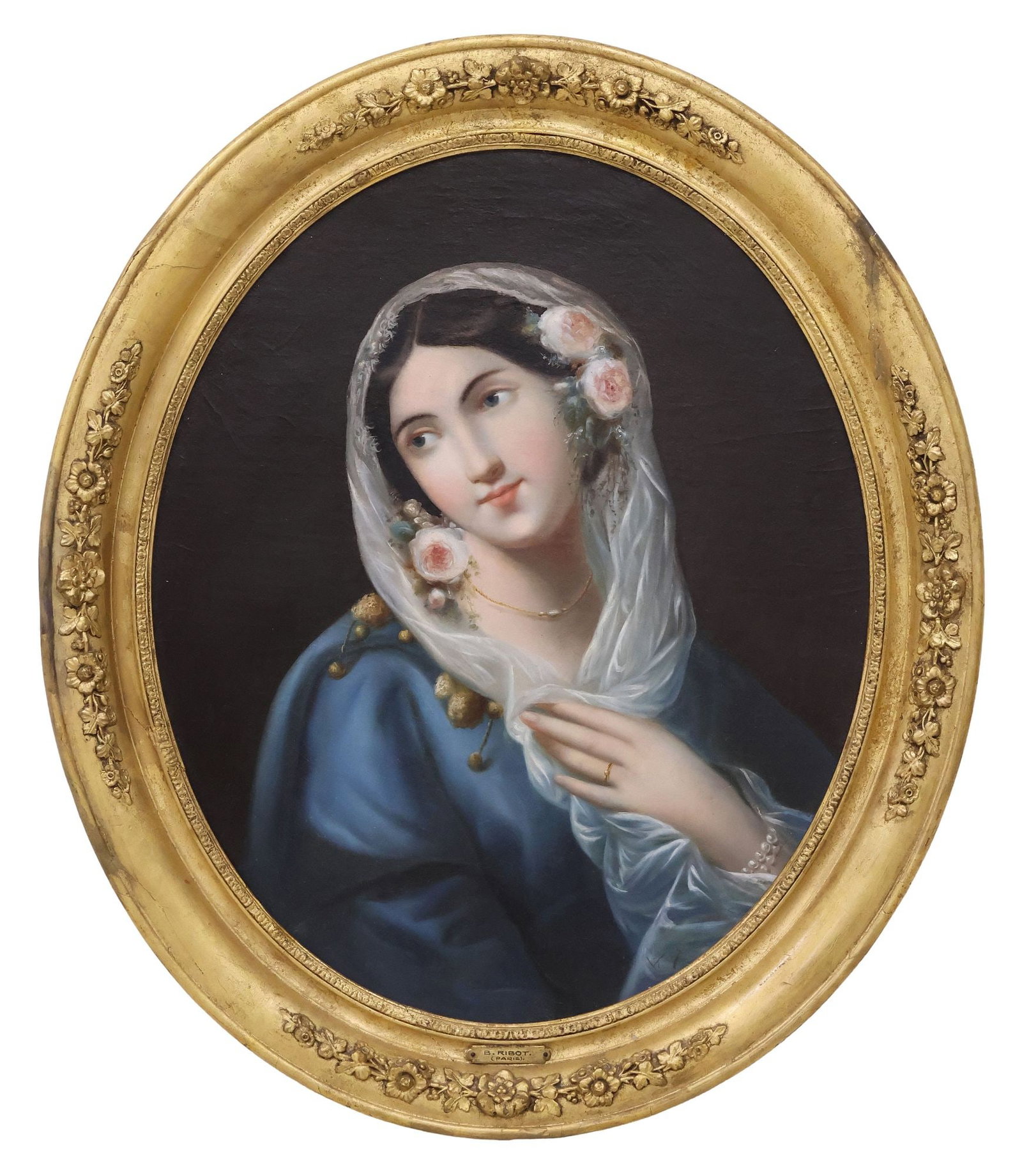 FRENCH SCHOOL OVAL OIL PAINTING, PORTRAIT OF A LADY IN PEARLS, 19TH C.: Framed French School oil on oval canvas painting, Portrait of a Lady in Pearls, 19th c., bottom right signed illegibly, retaining plaque "B. Ribot (Paris)," wax lined, sight: approx 25"h, 20.5"w, over