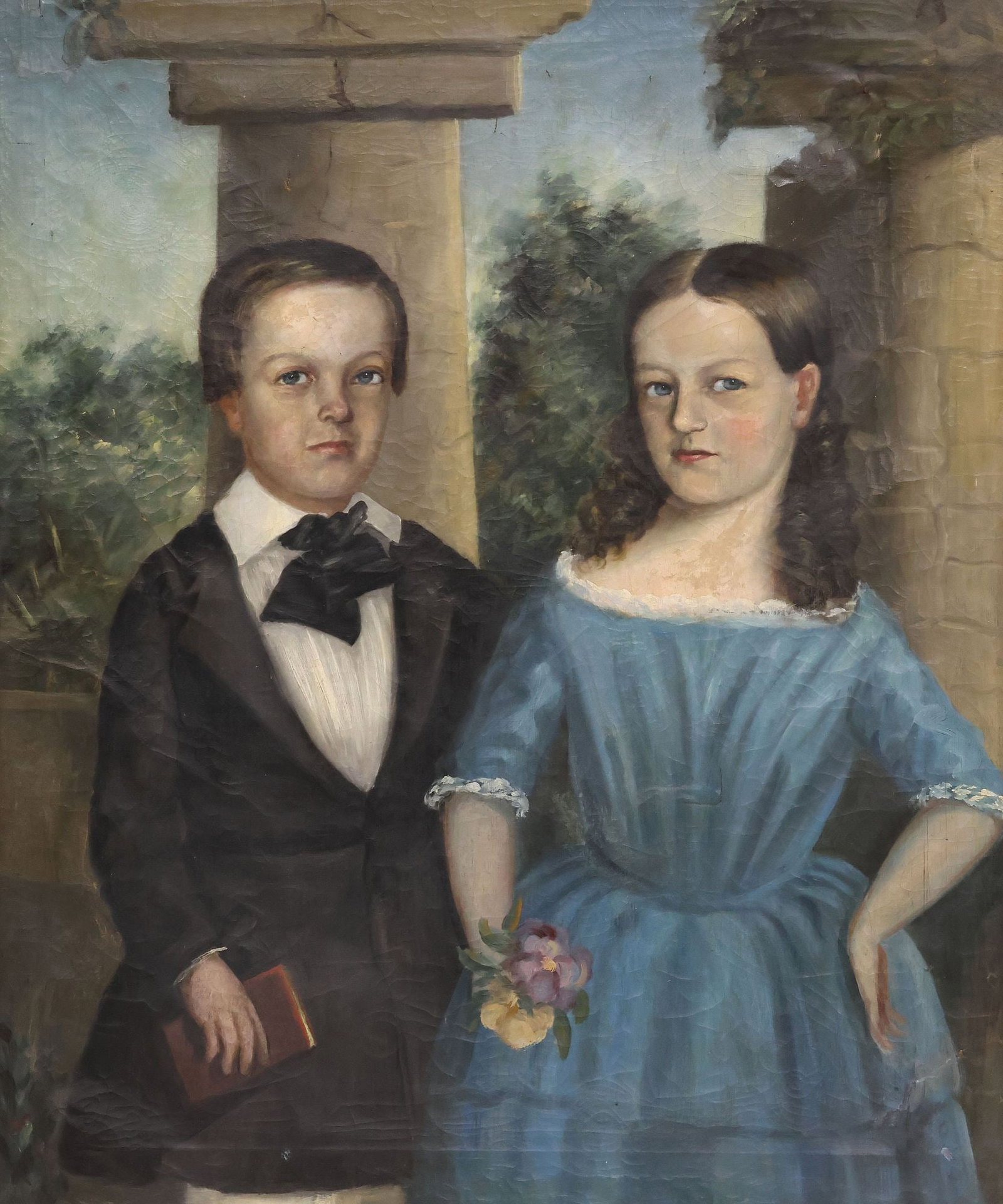 BRITISH SCHOOL (19TH C.) OIL PAINTING, PORTRAIT OF CHILDREN IN FORMAL DRESS: Framed British School oil on canvas painting, Portrait of Well-Dressed Youth, apparently unsigned, canvas intact with restorations, relined, stable tearing near upper corners, sight: approx 35.5"