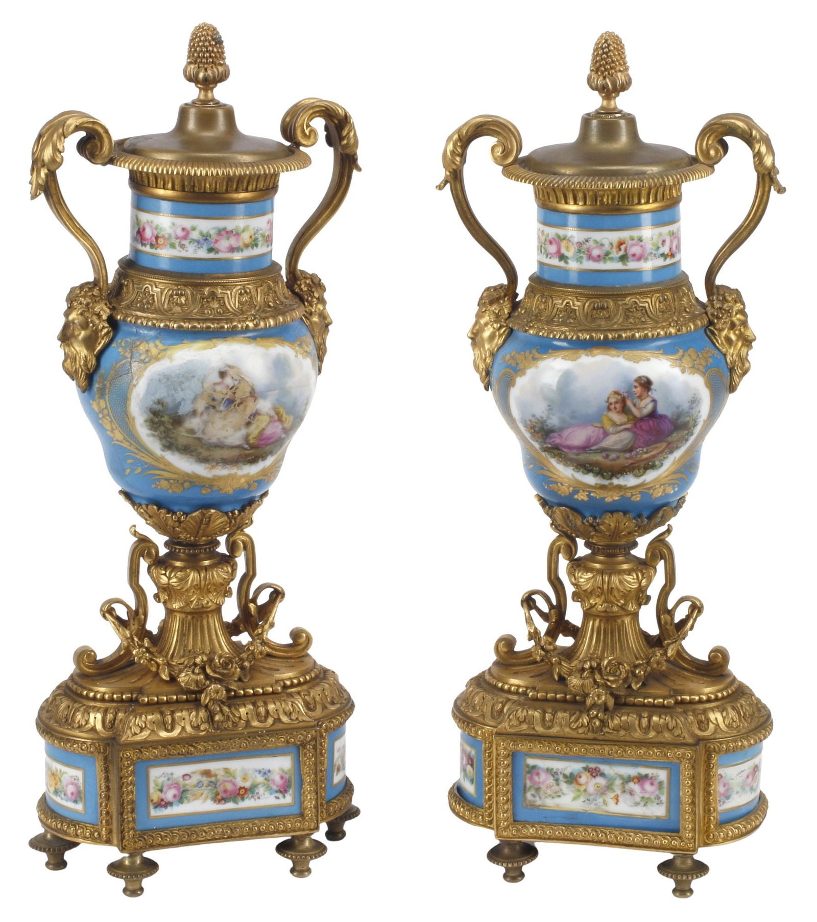 (2) SEVRES-STYLE ORMOLU-MOUNTED PORCELAIN COVERED URNS (1 of 5)