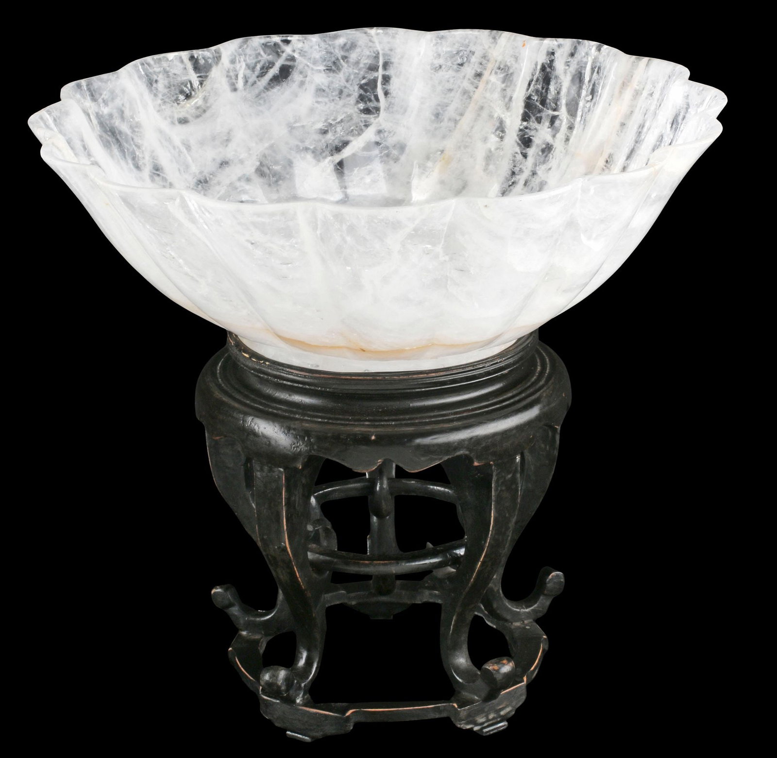 LARGE FLUTED ROCK CRYSTAL BOWL ON WOOD STAND: Large fluted rock crystal bowl, rising on carved wood stand, bowl: approx 5"h, 14"diam, overall: approx 13"h, 14"diam, 9.25lbs