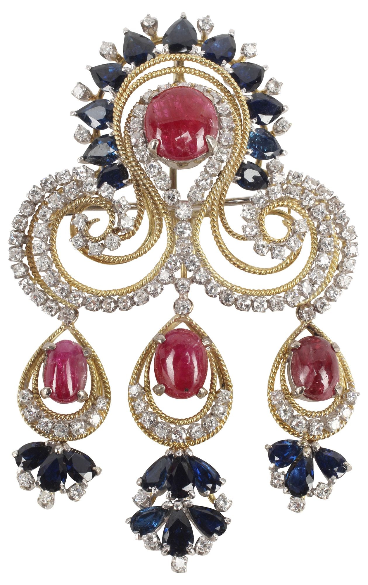 FINE ESTATE 18KT GOLD 3.00CTTW DIAMOND, SAPPHIRE & RUBY PENDANT BROOCH: Estate 18kt yellow gold and platinum pendant brooch, four (4) ruby cabochons, approx 11.00cttw, twenty-three (23) pear shaped sapphires, approx 11.50cttw, numerous single cut diamonds, approx