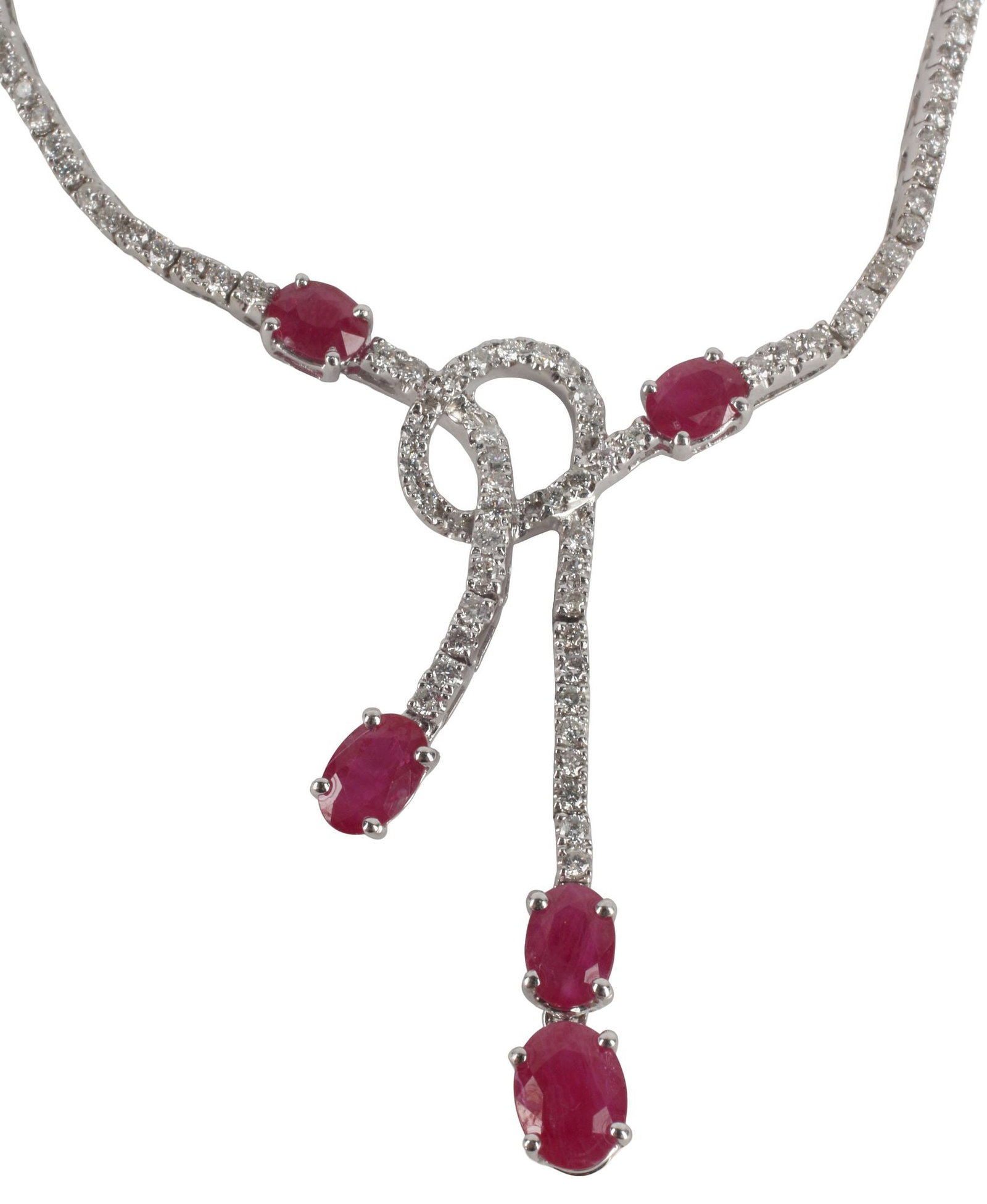 ESTATE 18KT WHITE GOLD, DIAMOND & 3.50CT RUBY Y-DROP NECKLACE: Estate18kt white gold and gemstone Y-drop necklace, featuring articulated rectangular gold links, joined by an interlaced loop pendant, set with numerous round brilliant-cut diamonds, approx