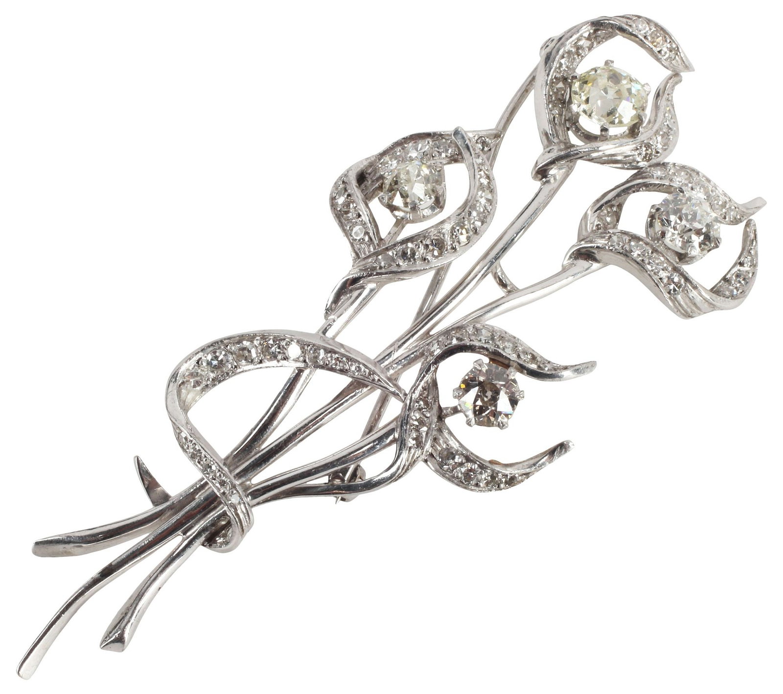 ESTATE PLATINUM & 4.10 CTTW DIAMOND FLORAL BOUQUET BROOCH: Estate platinum (tested) and diamond brooch, modeled as a floral bouquet with ribbon, having (four) large round-cut diamonds, approx 2.70cttw, average color: H-K, average clarity: I-I1, framed by