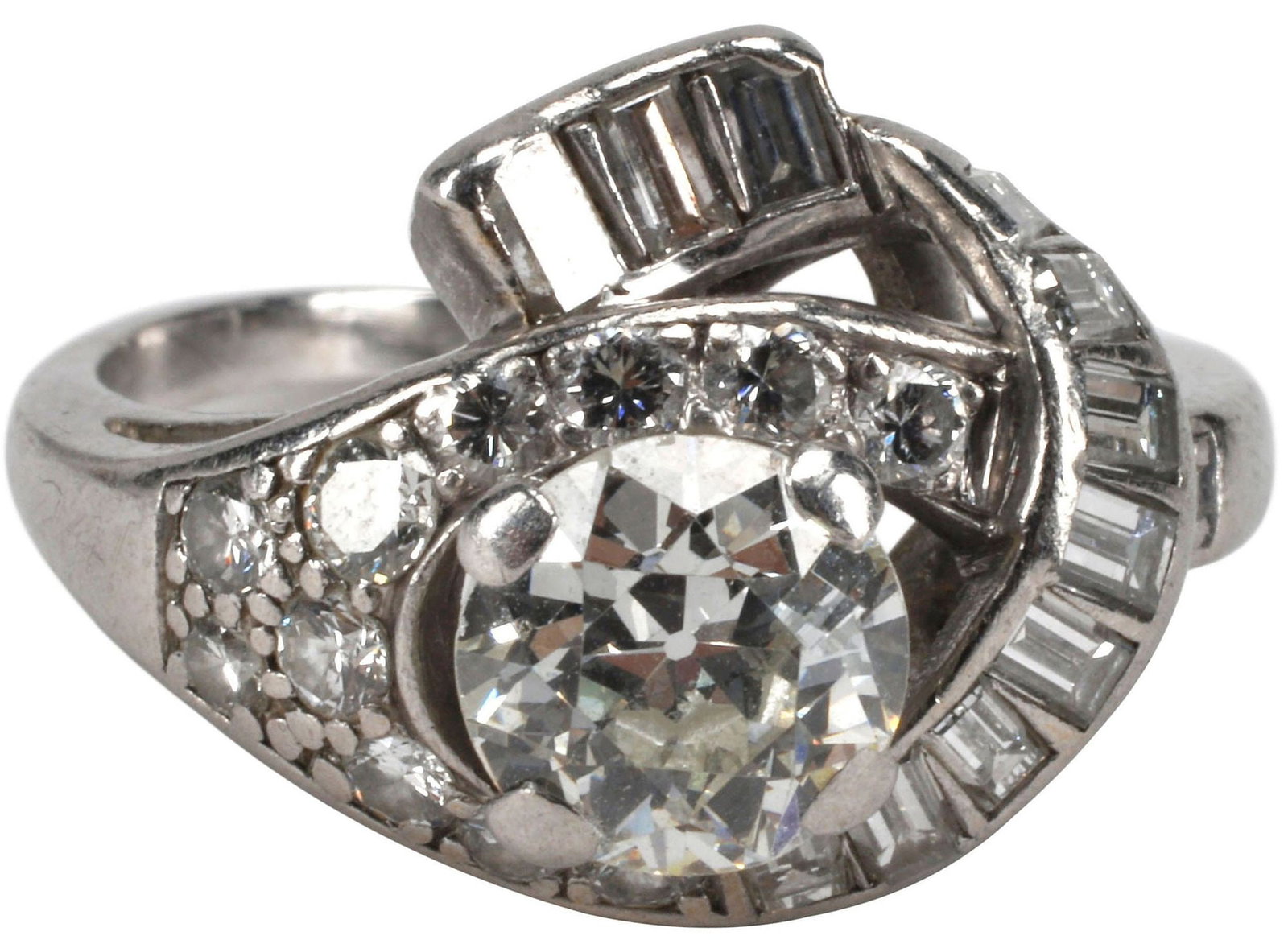 ESTATE PLATINUM & 1.23CT CENTER STONE DIAMOND RING: Estate platinum (tested) and diamond ring, central large Old European cut diamond, approx 1.23cts color: I, clarity: SI1 (small chip), in a surround of baguette and round diamonds, approx 0.89cttw, av