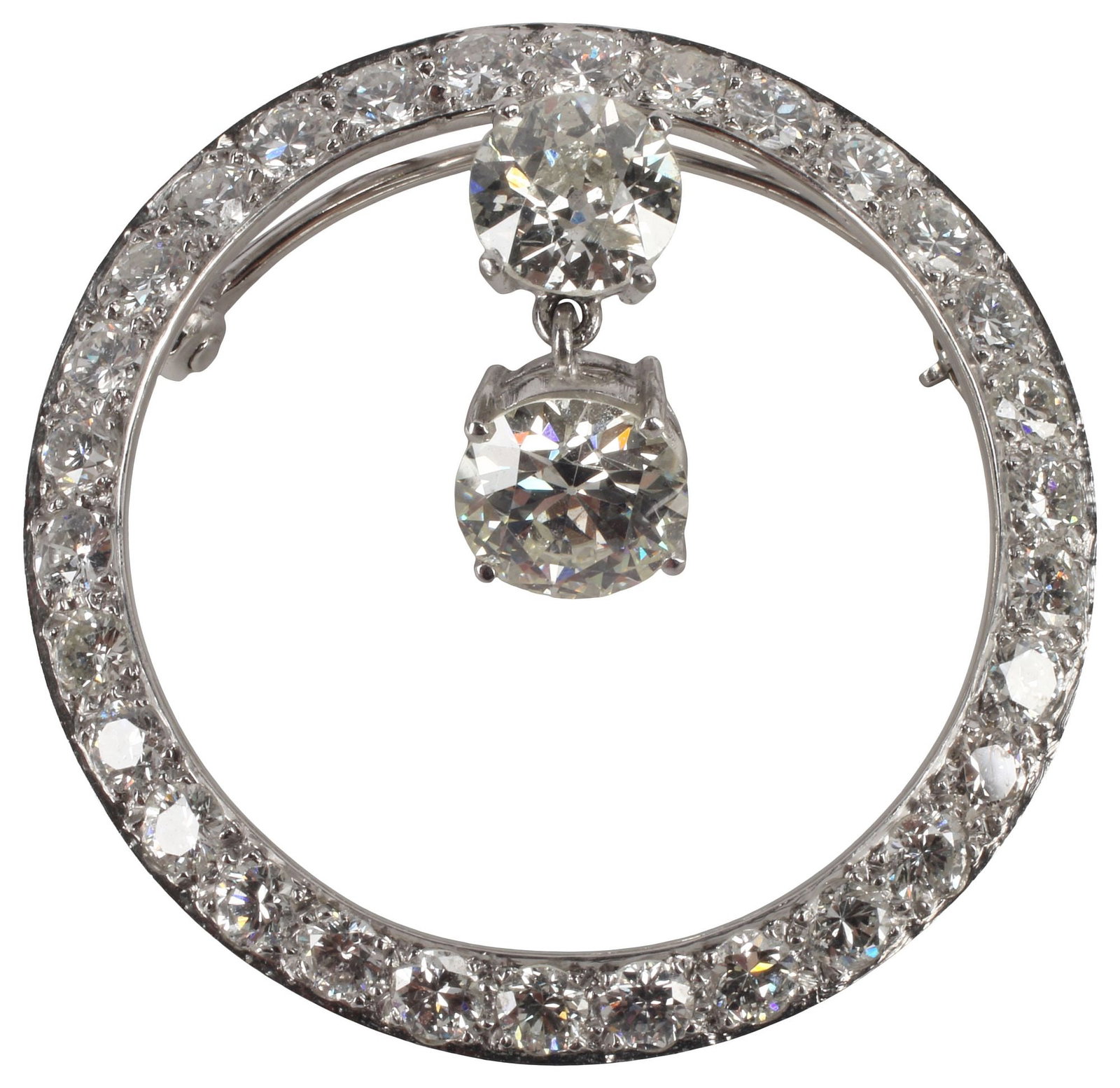 ESTATE PLATINUM & 5.90 CTTW DIAMOND CIRCLE PENDANT BROOCH: Estate platinum (tested) and diamond pendant brooch, the circular frame set with (thirty) round brilliant-cut diamonds, approx 3.00cttw, average color: H-I average clarity: SI, suspending a central