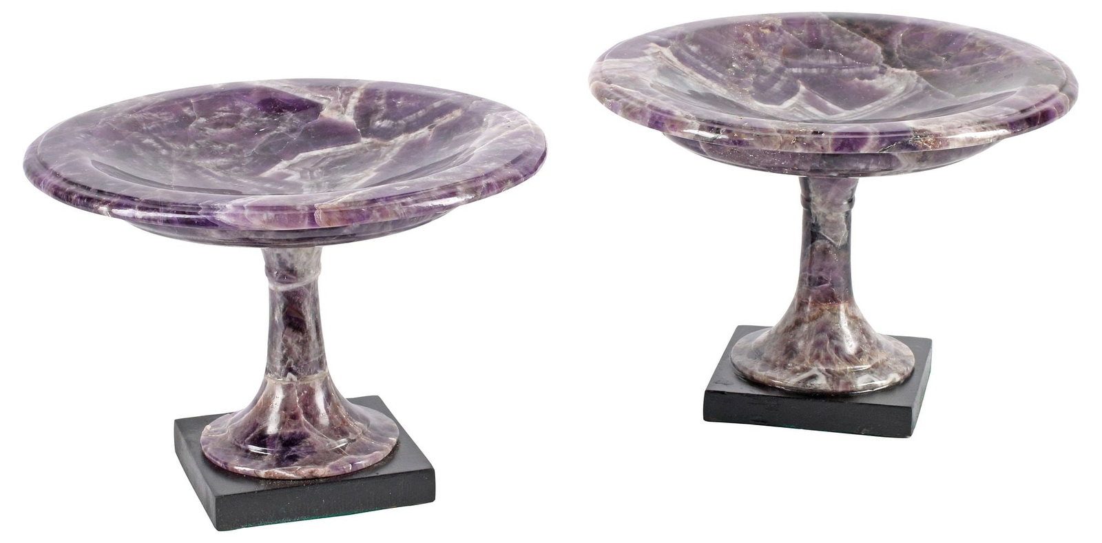 (2) CARVED AMETHYST CIRCULAR TAZZA CENTERPIECES: (pair) Carved amethyst tazzas, each with shallow circular basin, on waisted standard and square foot, approx 8"h, 11"diam, 17lbs total