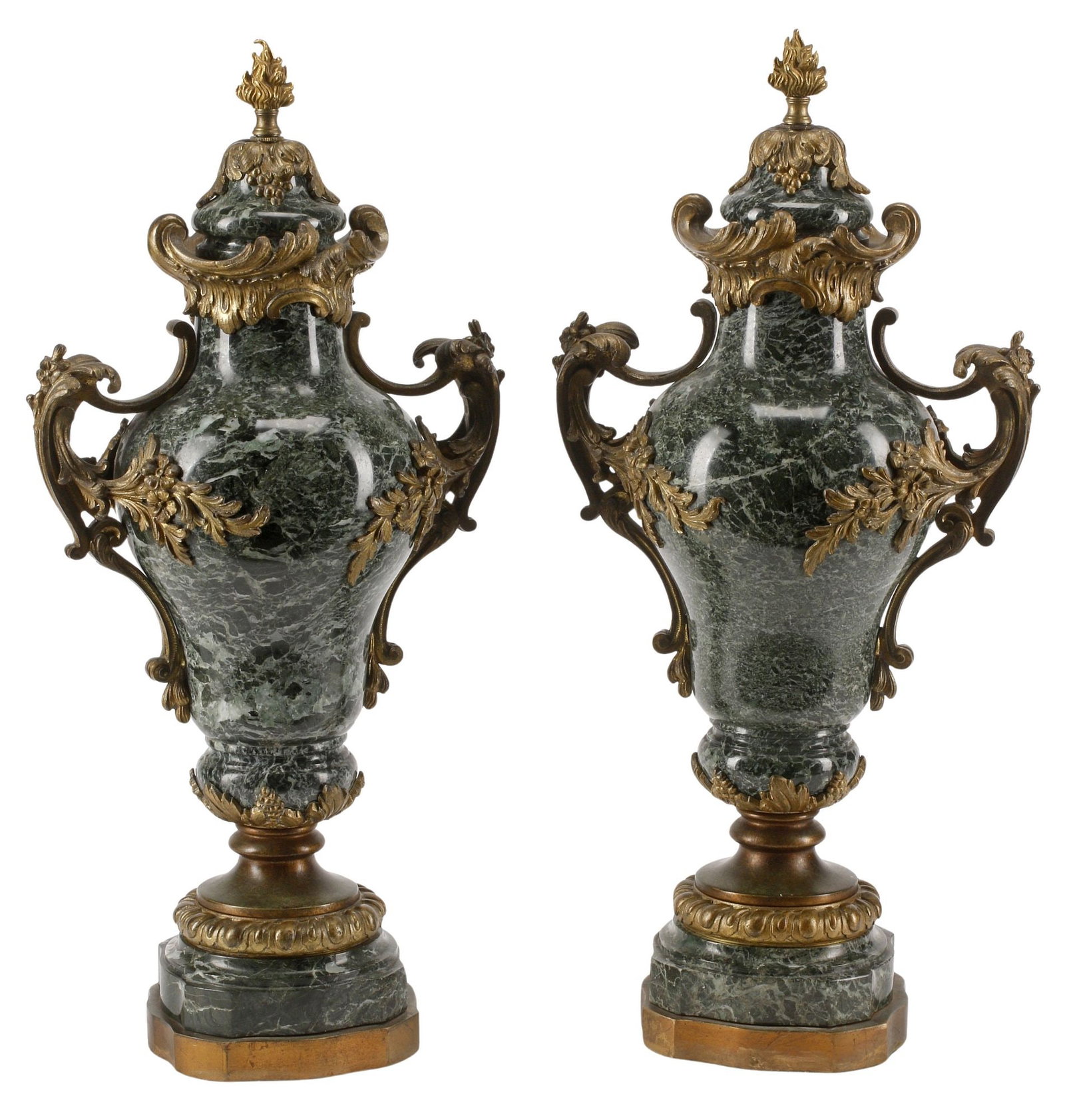 (2) FRENCH ORMOLU-MOUNTED GREEN MARBLE CASSOLETTES, 23"H: (pair) French variegated green marble cassolettes, 19th c., each with bronze dore mounts, vasiform body wiring on integral socle, approx 23"h, 10"w, 6.5"d, 68lbs total
