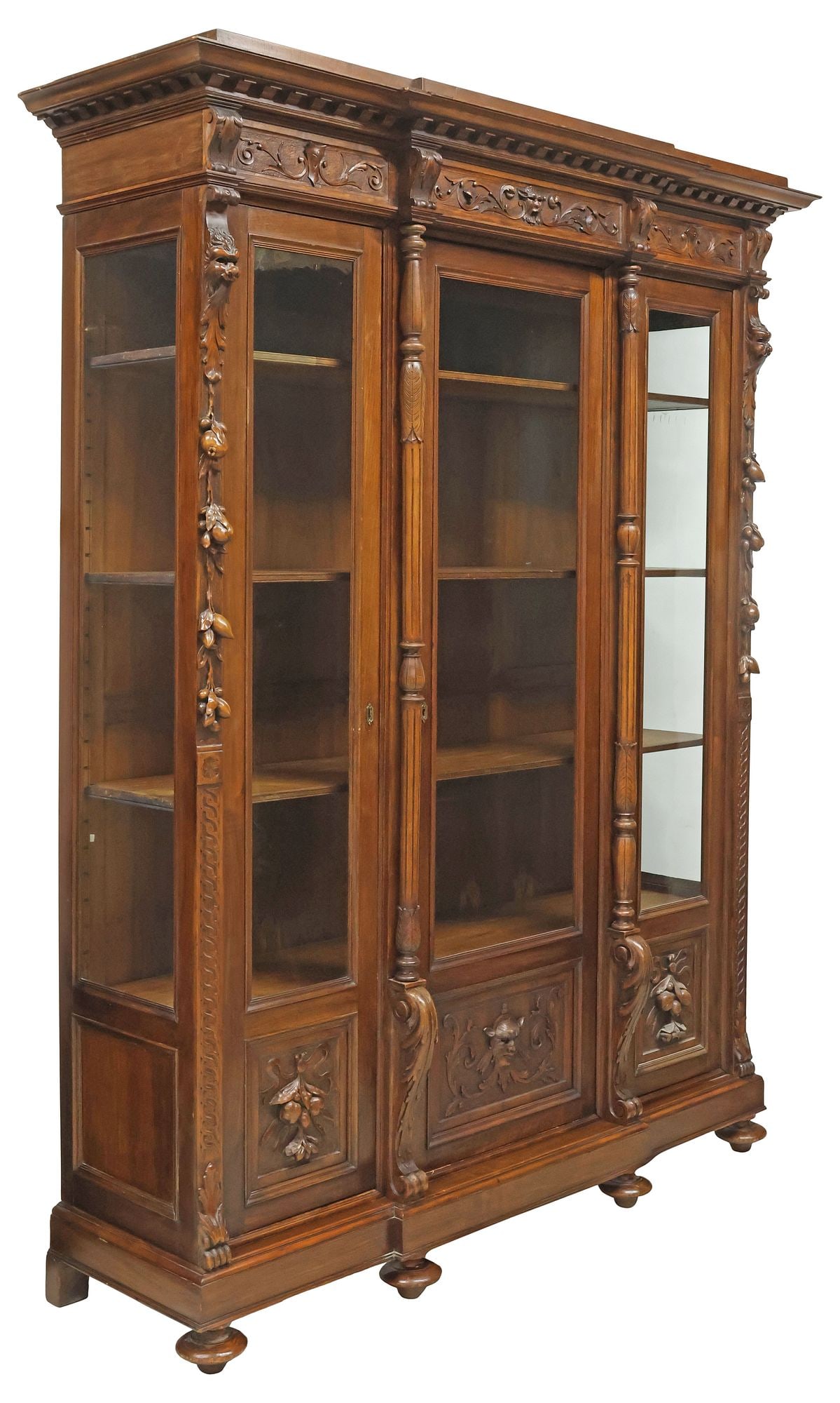 LARGE ITALIAN RENAISSANCE REVIVAL CARVED & GLAZED BOOKCASE, 97"H (1 of 6)
