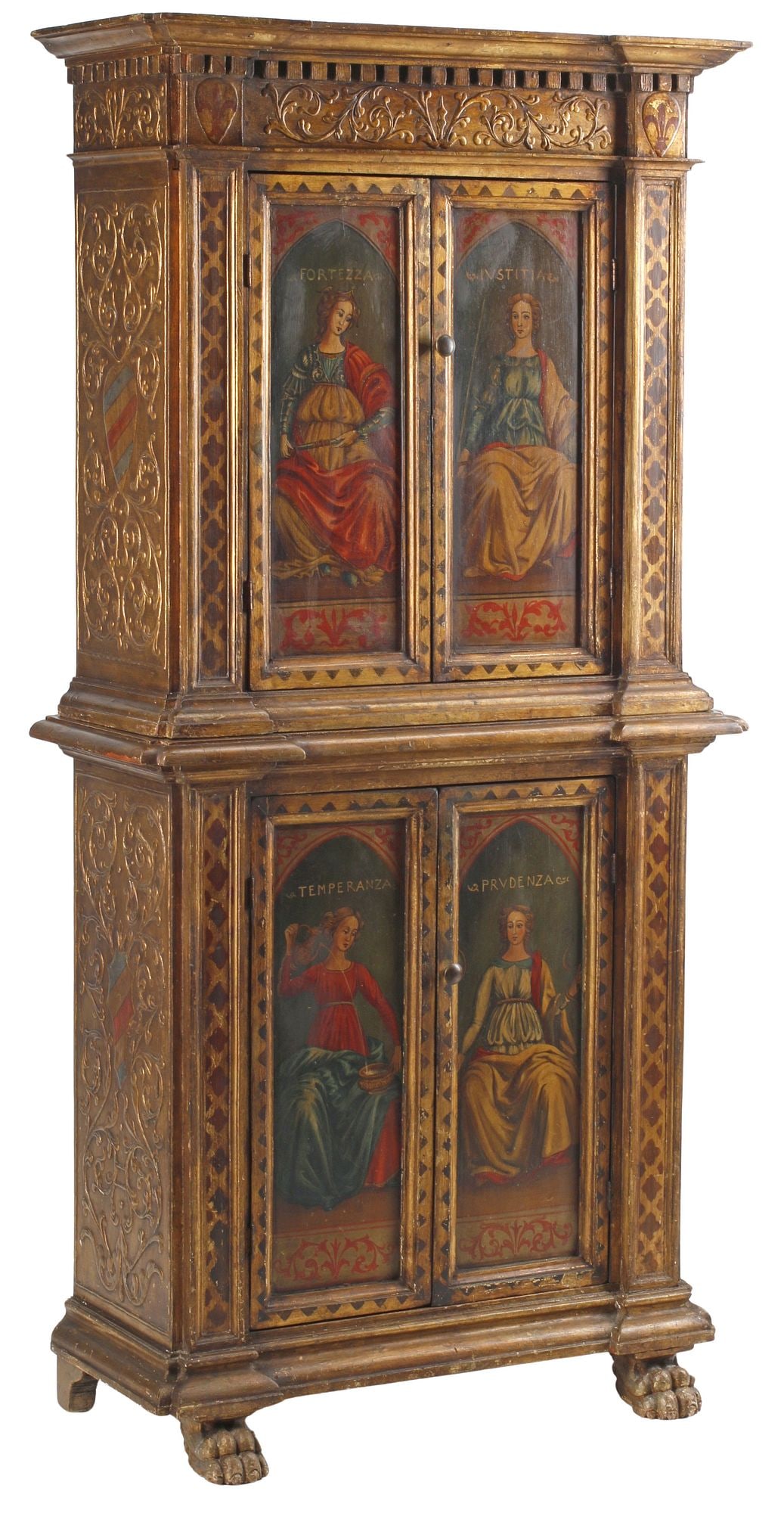 ITALIAN FLORENTINE PAINT-DECORATED CARDINAL VIRTUES 2-PART CABINET (1 of 7)