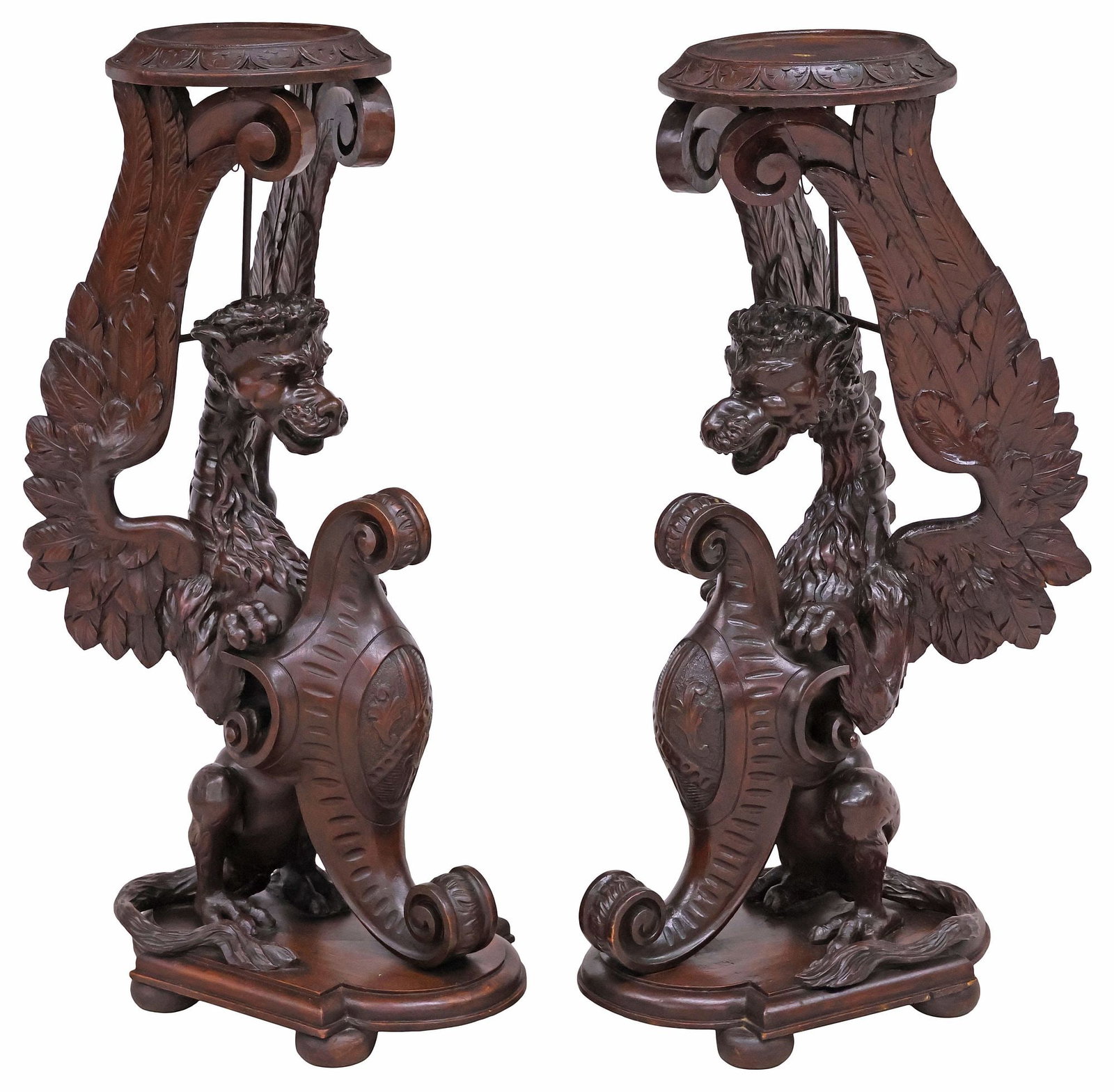 (2) RENAISSANCE REVIVAL CARVED WALNUT FIGURAL GRIFFIN PEDESTALS (1 of 5)