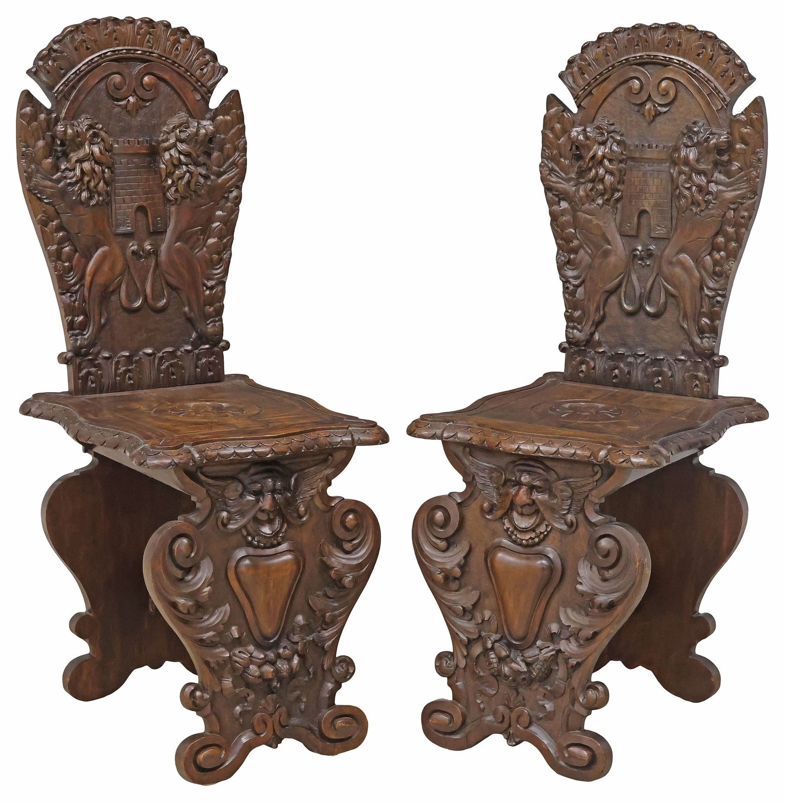 (2) ITALIAN RENAISSANCE REVIVAL CARVED WALNUT HALL CHAIRS (1 of 6)