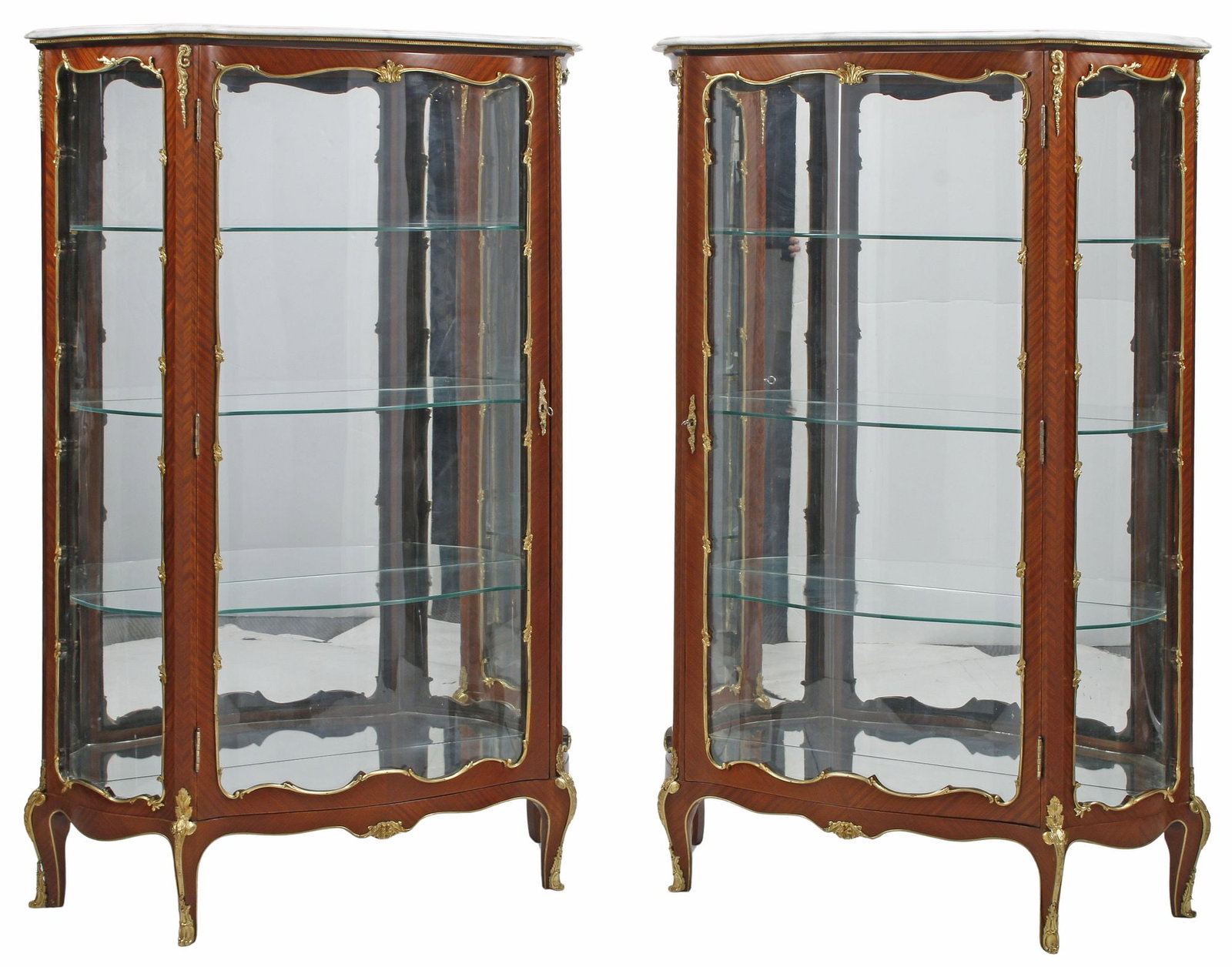 (2) LOUIS XV STYLE MARBLE-TOP GLAZED MAHOGANY VITRINES / DISPLAY CABINETS (1 of 5)