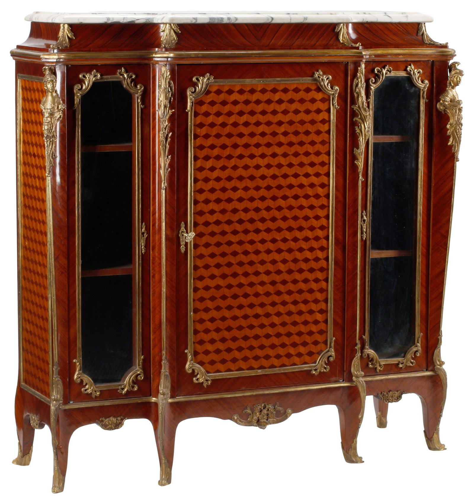 LOUIS XV STYLE MARBLE-TOP FIGURAL ORMOLU-MOUNTED PARQUETRY CABINET (1 of 7)
