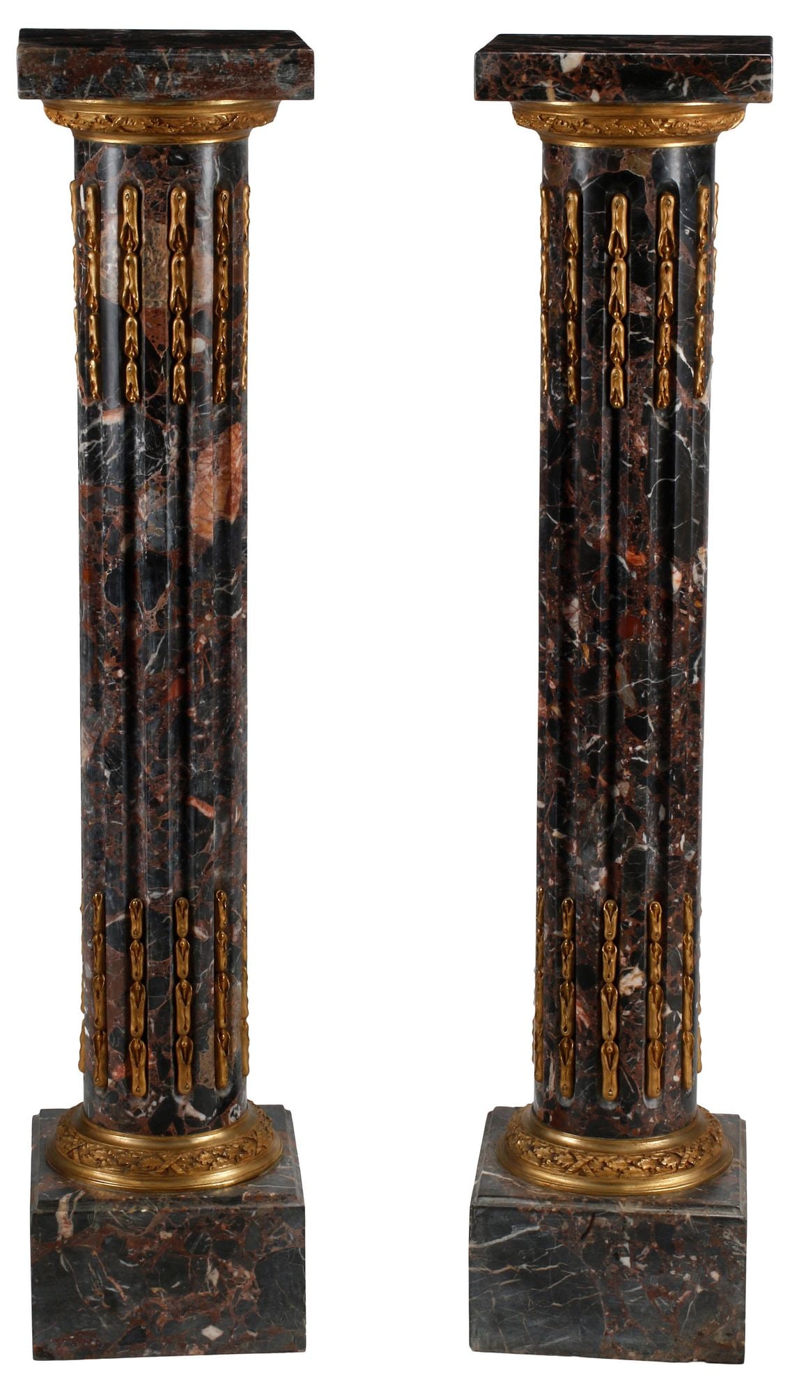 (2) LOUIS XV STYLE ORMOLU-MOUNTED MARBLE PEDESTAL COLUMNS / STANDS: (pair) Louis XV style fluted marble columnar pedestals/ display stands, with bronze dore mounts, rising on integral square base, approx 46.5"h, 10"w, 10"d