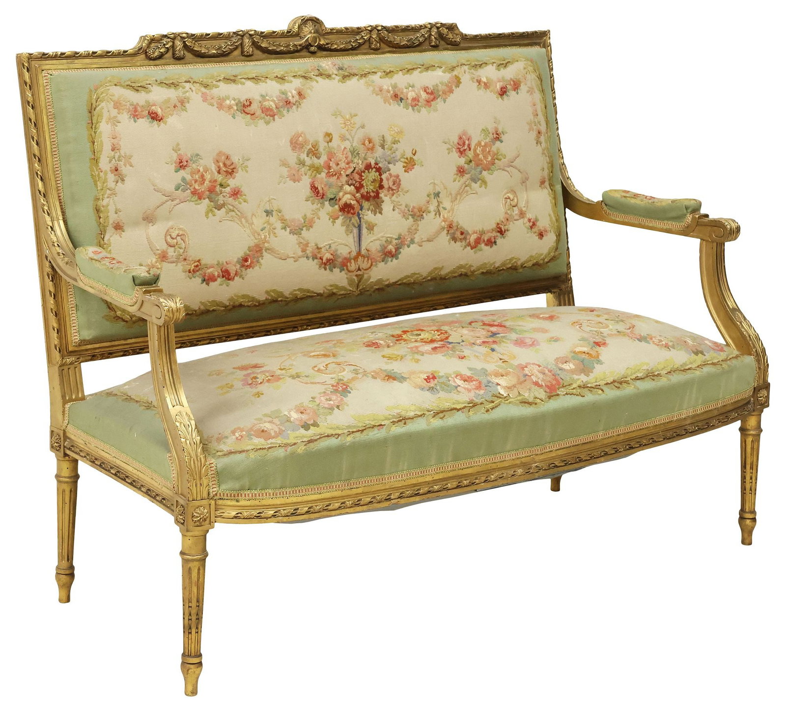 FRENCH LOUIS XVI STYLE TAPESTRY-UPHOLSTERED GILTWOOD SETTEE (1 of 5)