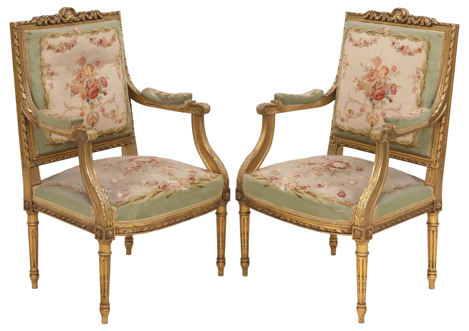 (2) FRENCH LOUIS XVI STYLE TAPESTRY-UPHOLSTERED GILTWOOD ARMCHAIRS (1 of 3)
