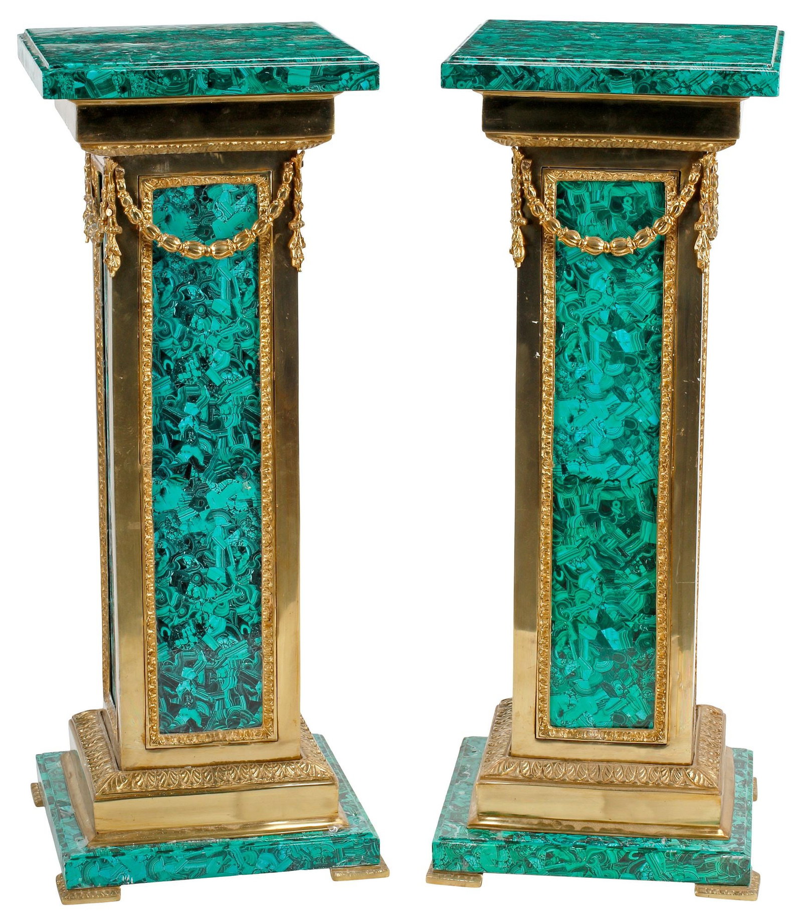 (2) LOUIS XVI STYLE ORMOLU-MOUNTED FAUX MALACHITE PEDESTALS: (pair) Louis XVI style ormolu-mounted faux malachite pedestals/ display stands, each with draped foliate swags, rising on stepped plinth, top intact with restoration, approx 39"h, 15.5"w, 15.5"d