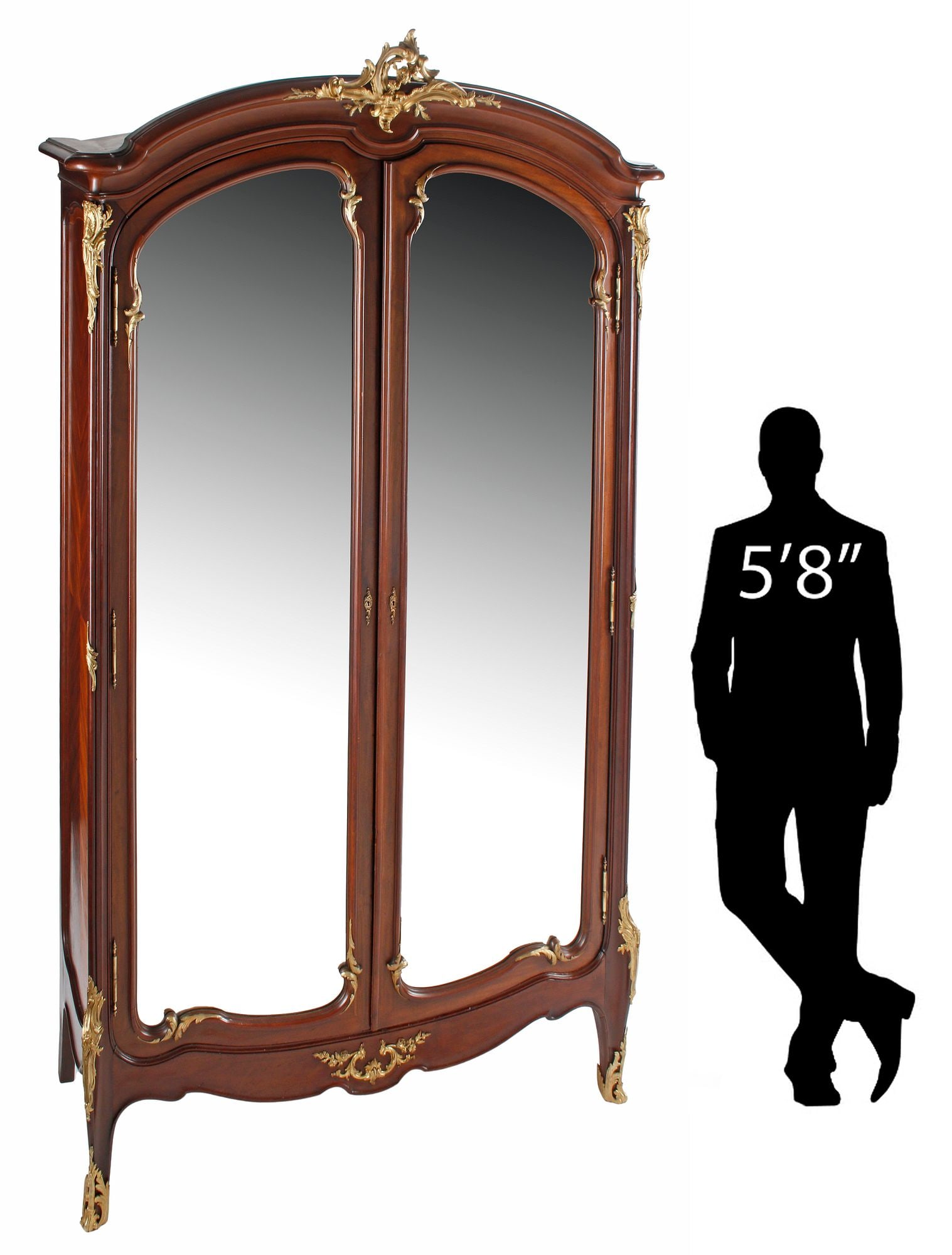 FRENCH MAISON LaLANDE LOUIS XV STYLE ORMOLU-MOUNTED MIRRORED ARMOIRE, 102"H: Monumental French Louis XV style matched-veneer armoire, Maison LaLande, Paris, late 19th c., with bronze dore mounts, having pierced rocaille crest, above dual cabinet doors faced with beveled mirror
