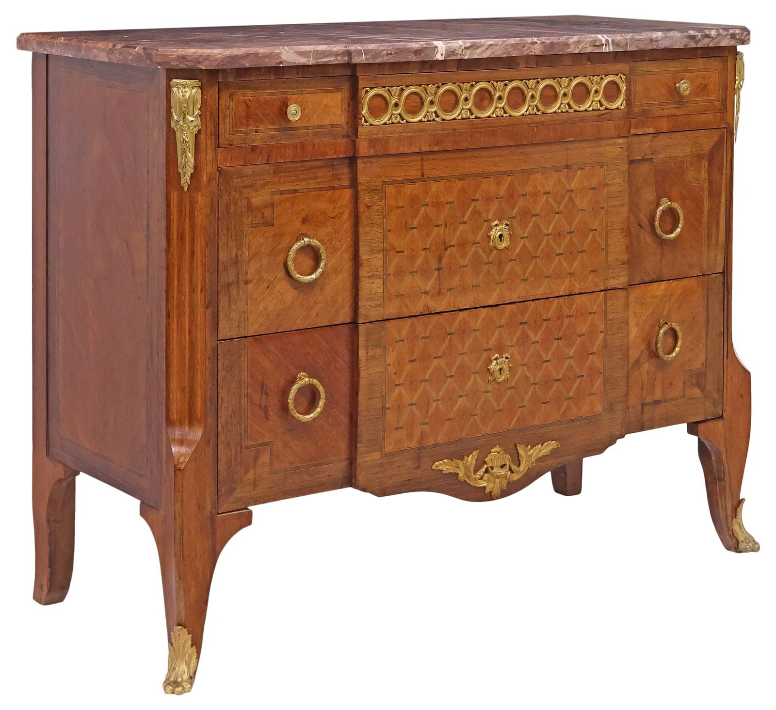 FRENCH TRANSITIONAL STYLE MARBLE-TOP PARQUETRY & WALNUT COMMODE: French Transitional style walnut breakfront commode, early 20th c., shaped marble top. over frieze drawer with pierced gilt-metal mounts and banded trim, two additional drawers with floral latticework