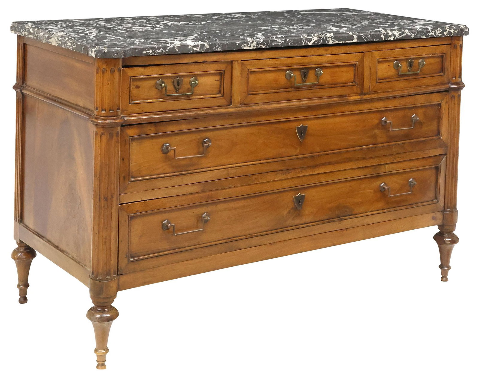 FRENCH LOUIS XVI STYLE MARBLE-TOP WALNUT 5-DRAWER COMMODE (1 of 5)