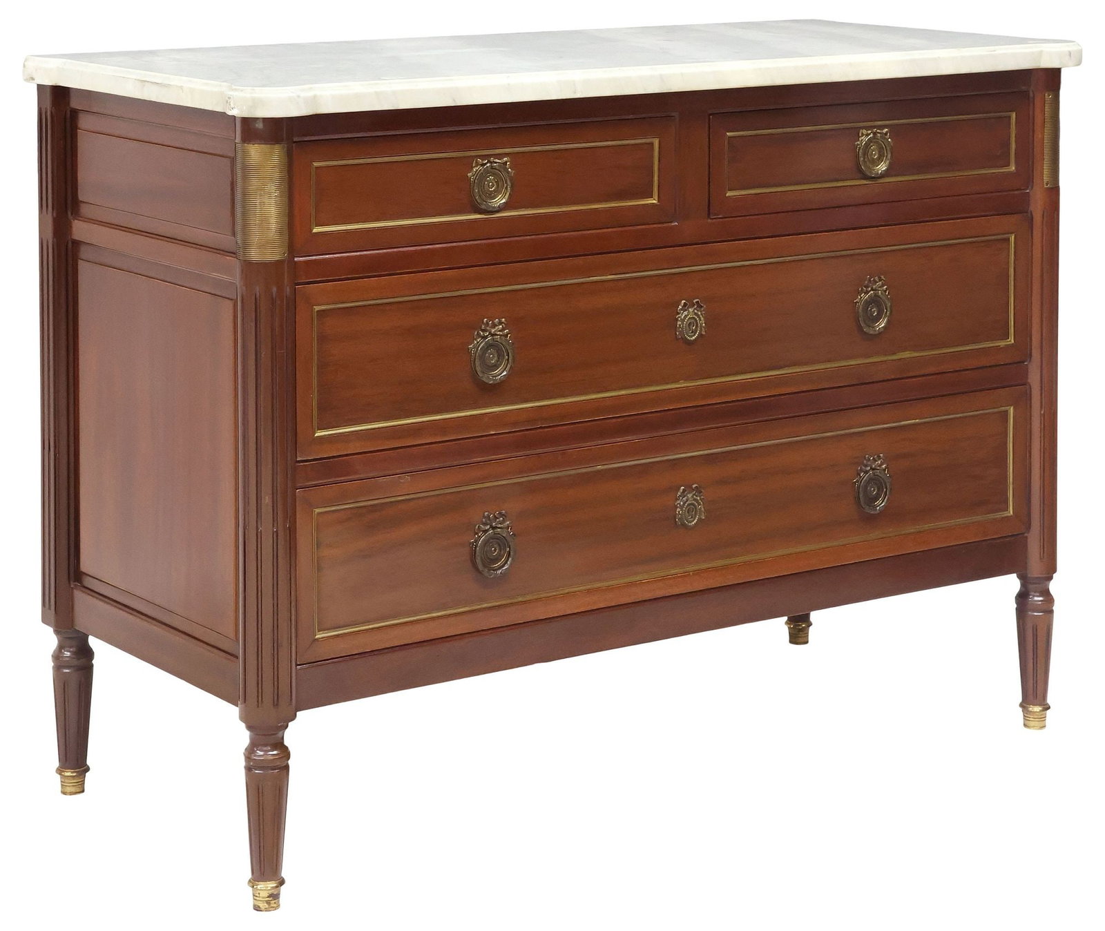 FRENCH LOUIS XVI STYLE MARBLE-TOP MAHOGANY 4-DRAWER COMMODE: French Louis XVI style mahogany commode, 20th c., having shaped marble top, over two short drawers, and two long drawers, flanked by fluted posts with gilt-metal mounts, on tapered legs and brass cap