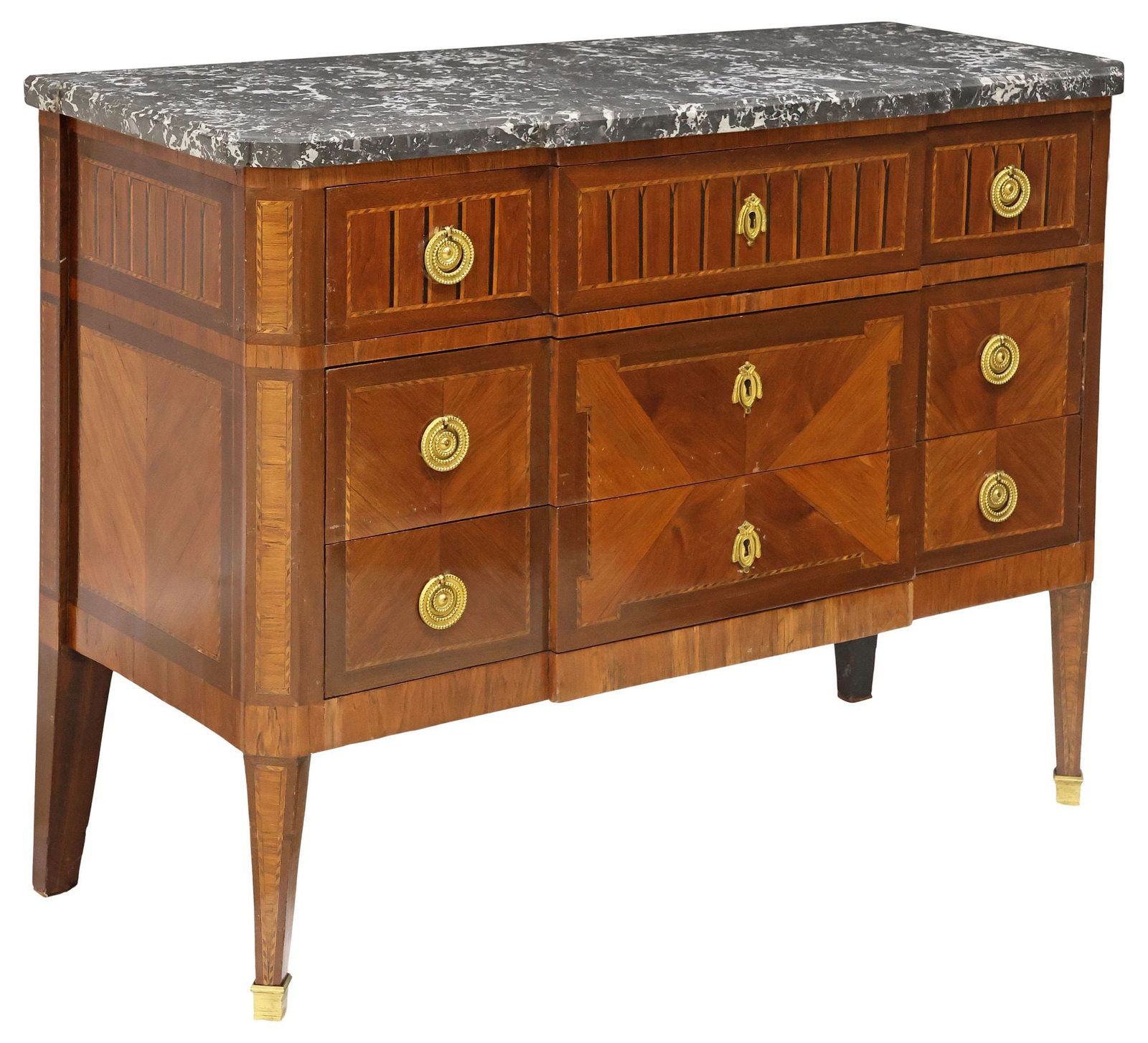 FRENCH LOUIS XVI STYLE MARBLE-TOP PARQUETRY BREAKFRONT COMMODE: French Louis XVI style matched veneer breakfront commode, late 19th c., marble top with canted front angles, above frieze drawer with parcel-ebonized parquetry, and two additional drawers, striped